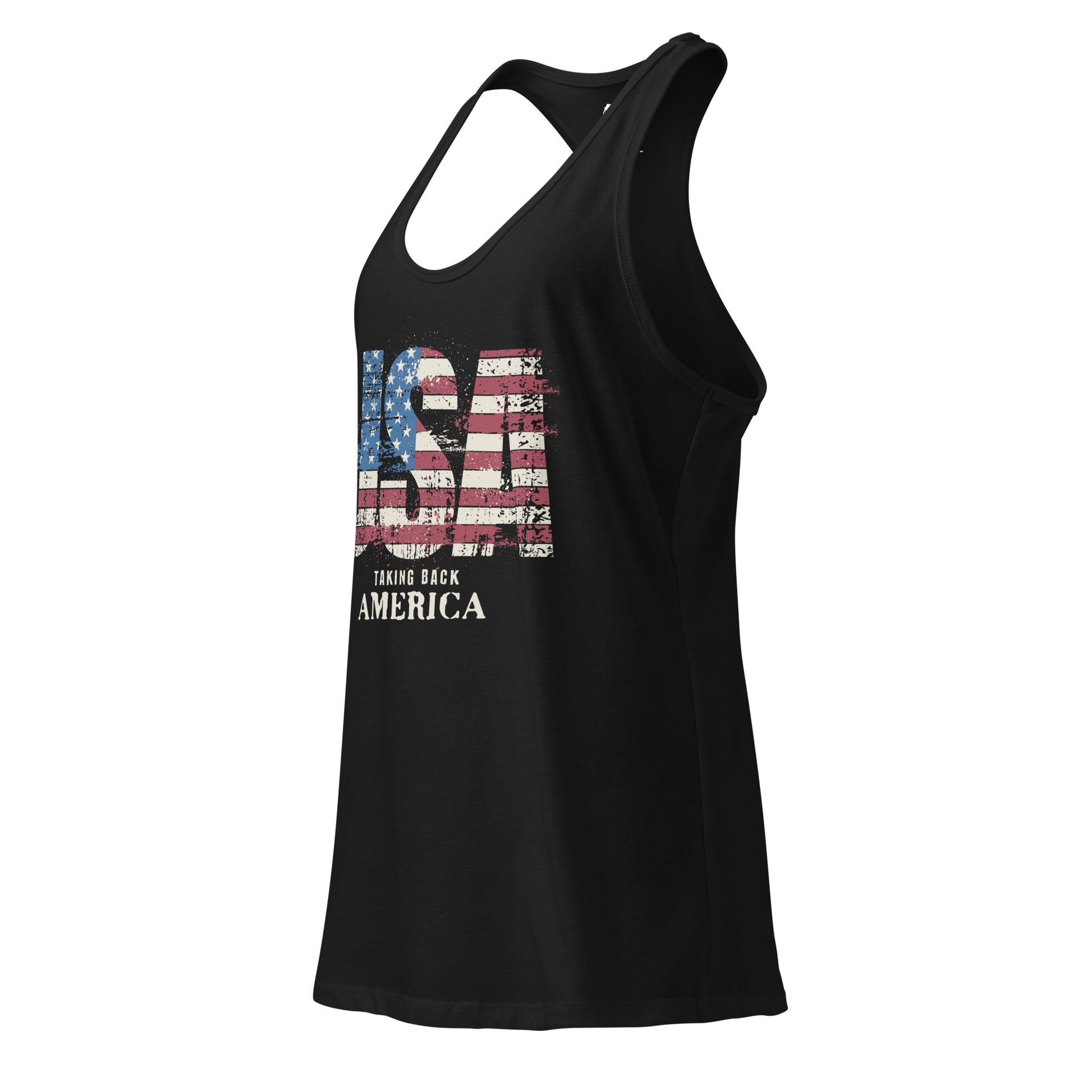 Black tank top with 'USA Taking Back America' text and graphic on a white background