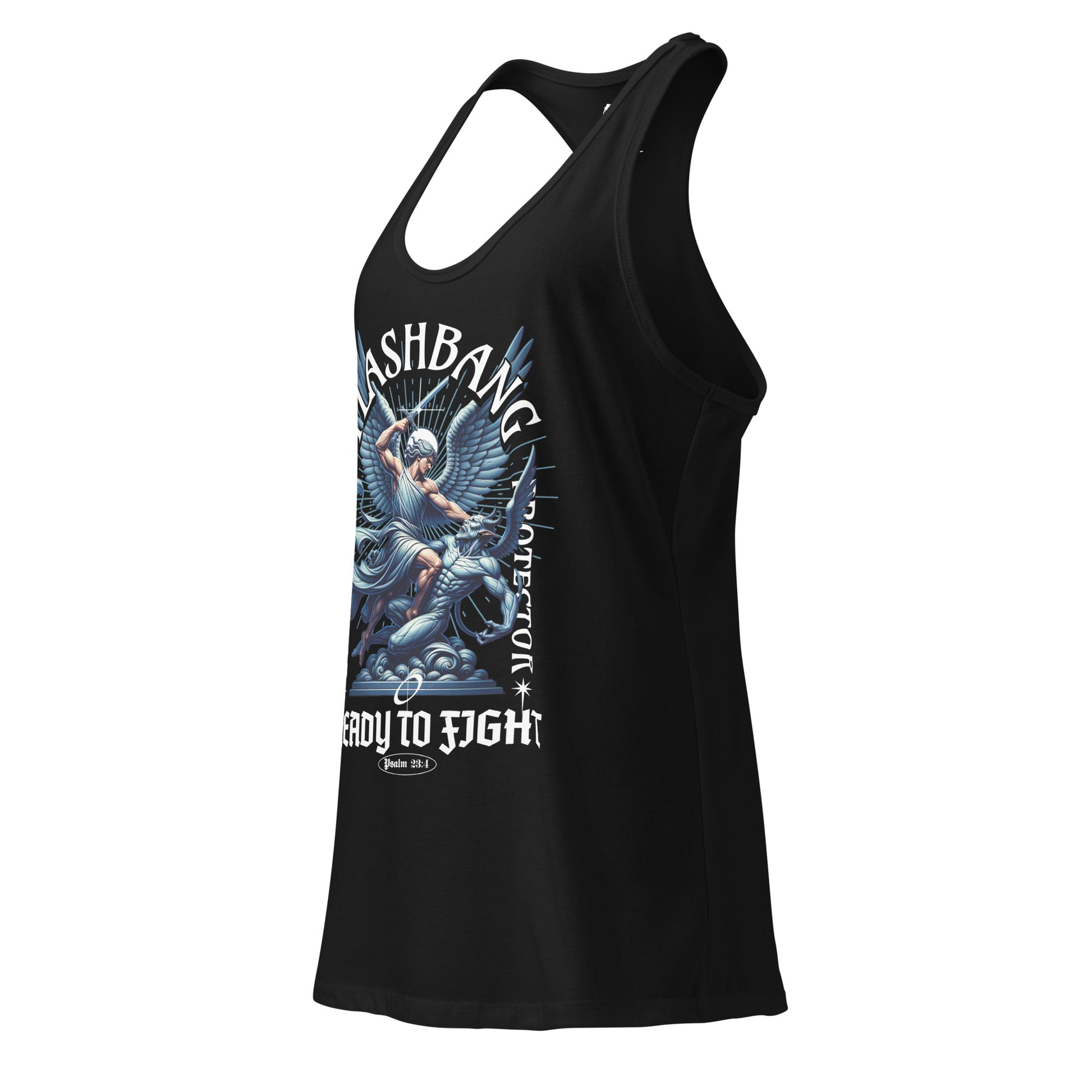 Black tank top with graphic design and text on a white background