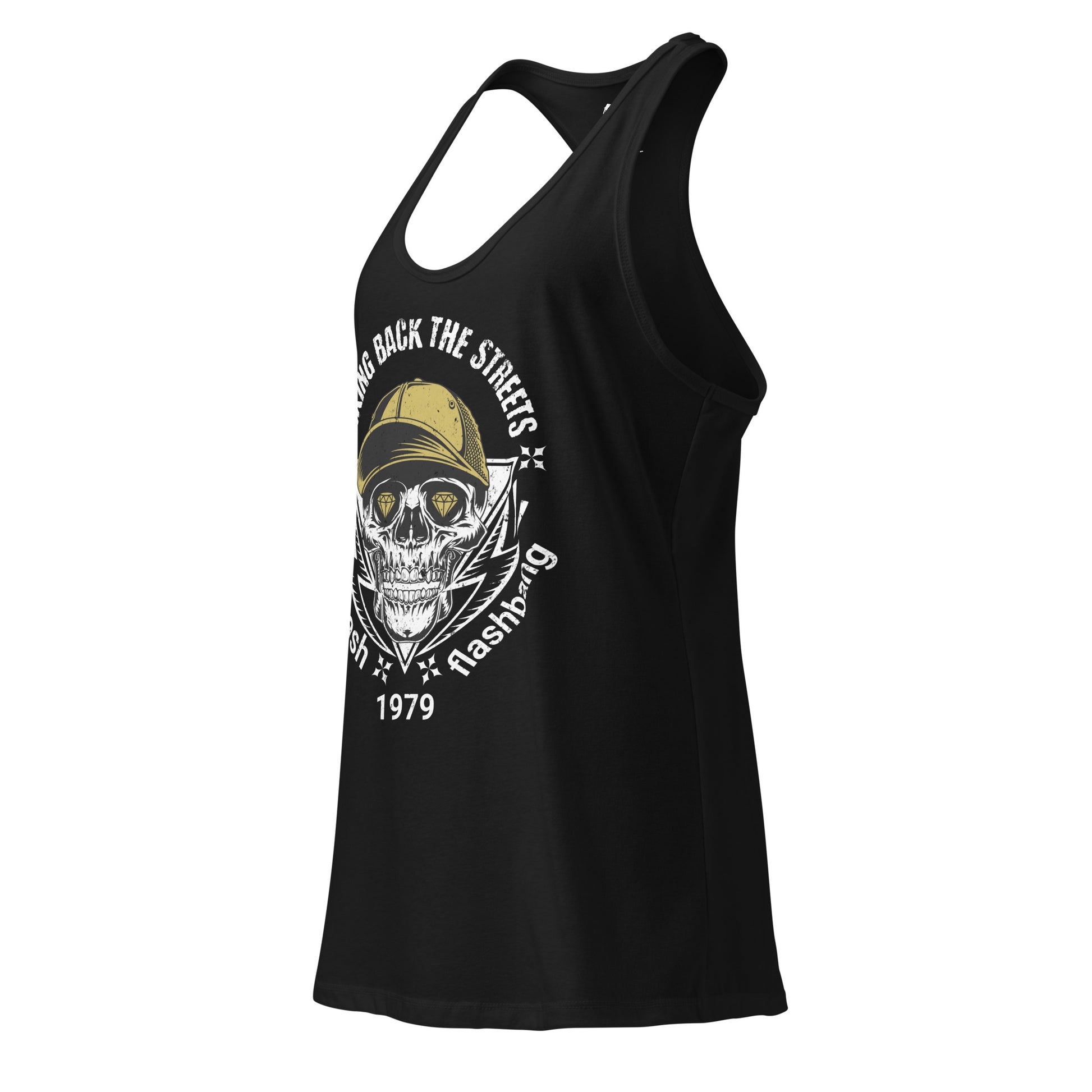 Black tank top with skull design and text on a white background