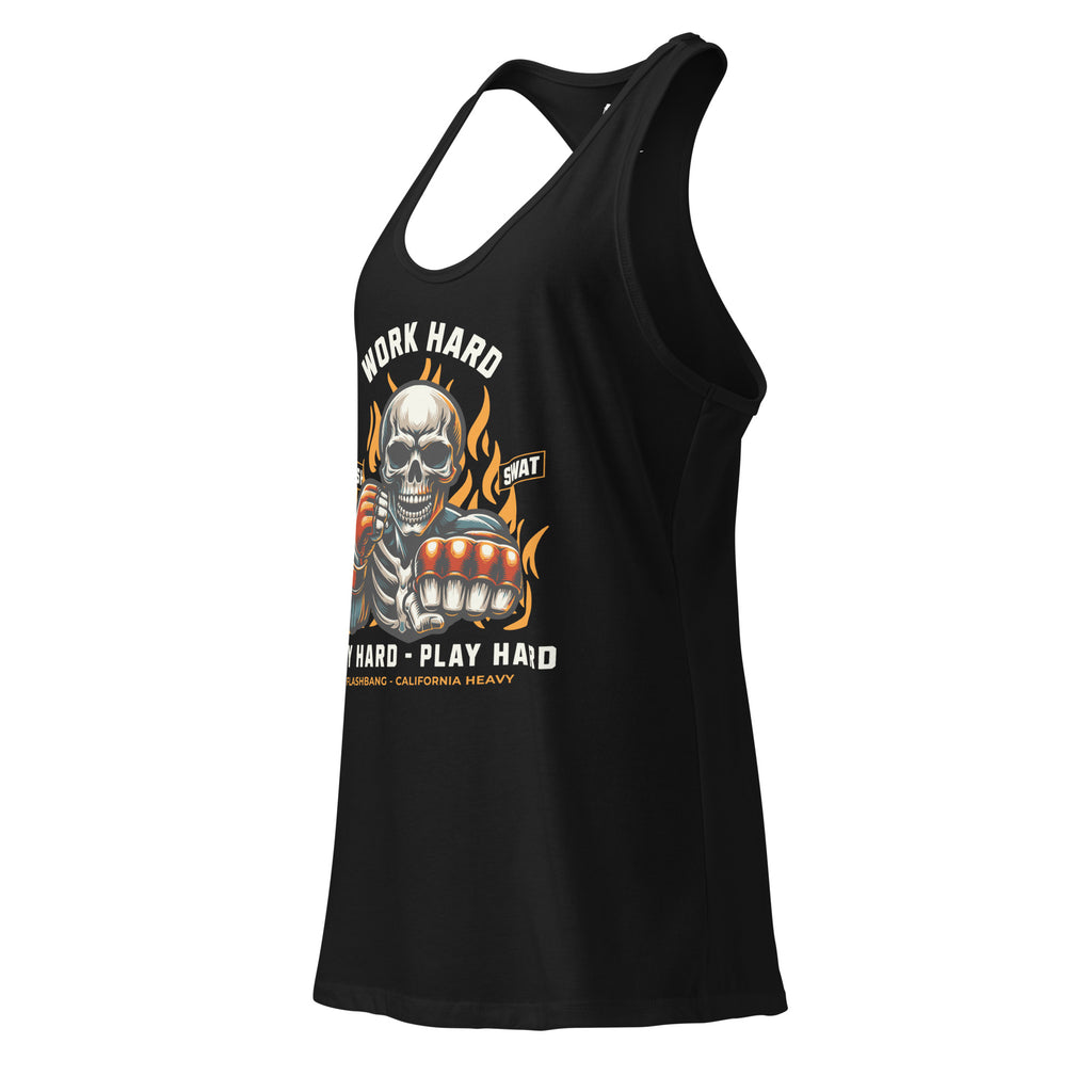 Black tank top with a graphic design featuring a skeleton and text on a white background