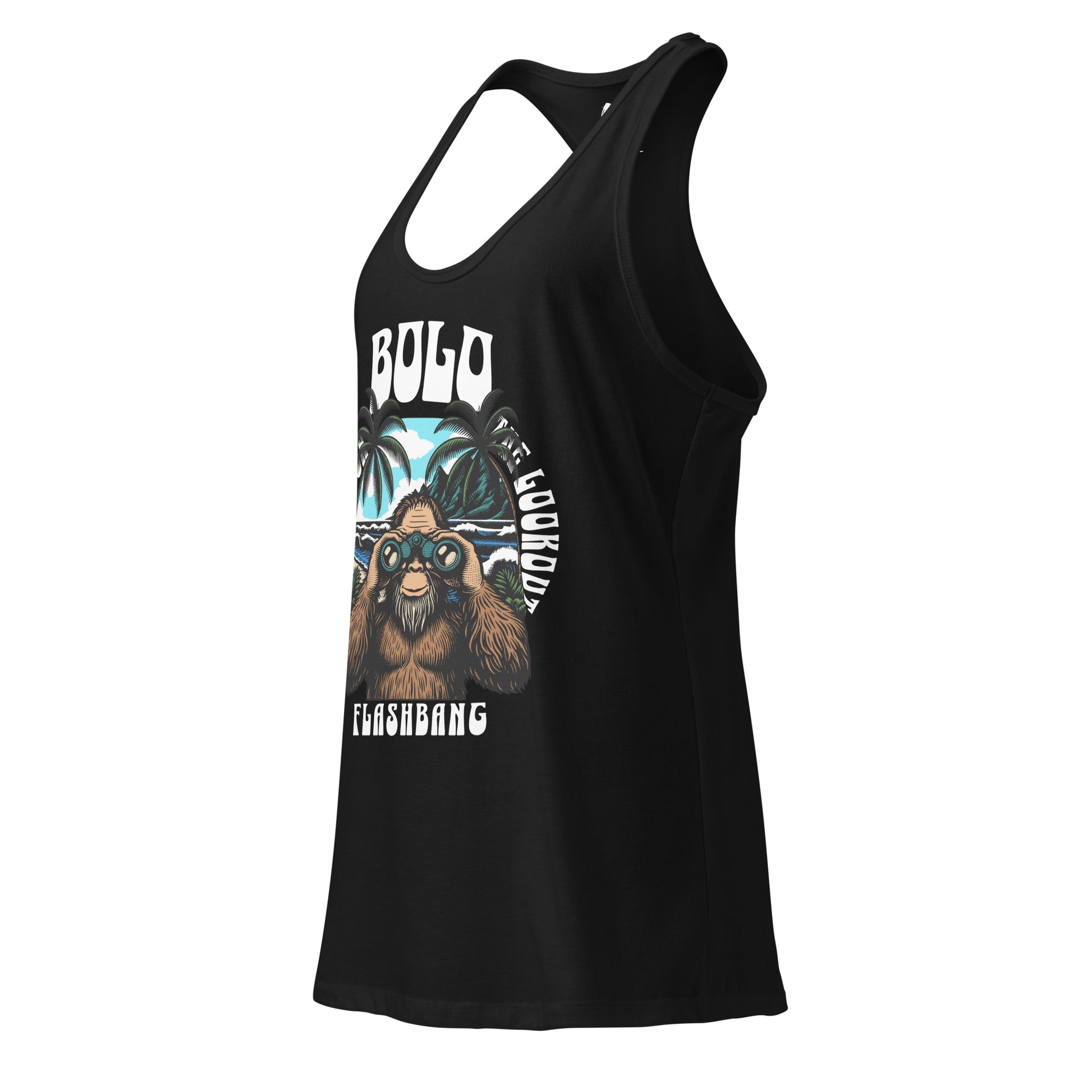 Black tank top with graphic design of a monkey and text on a white background