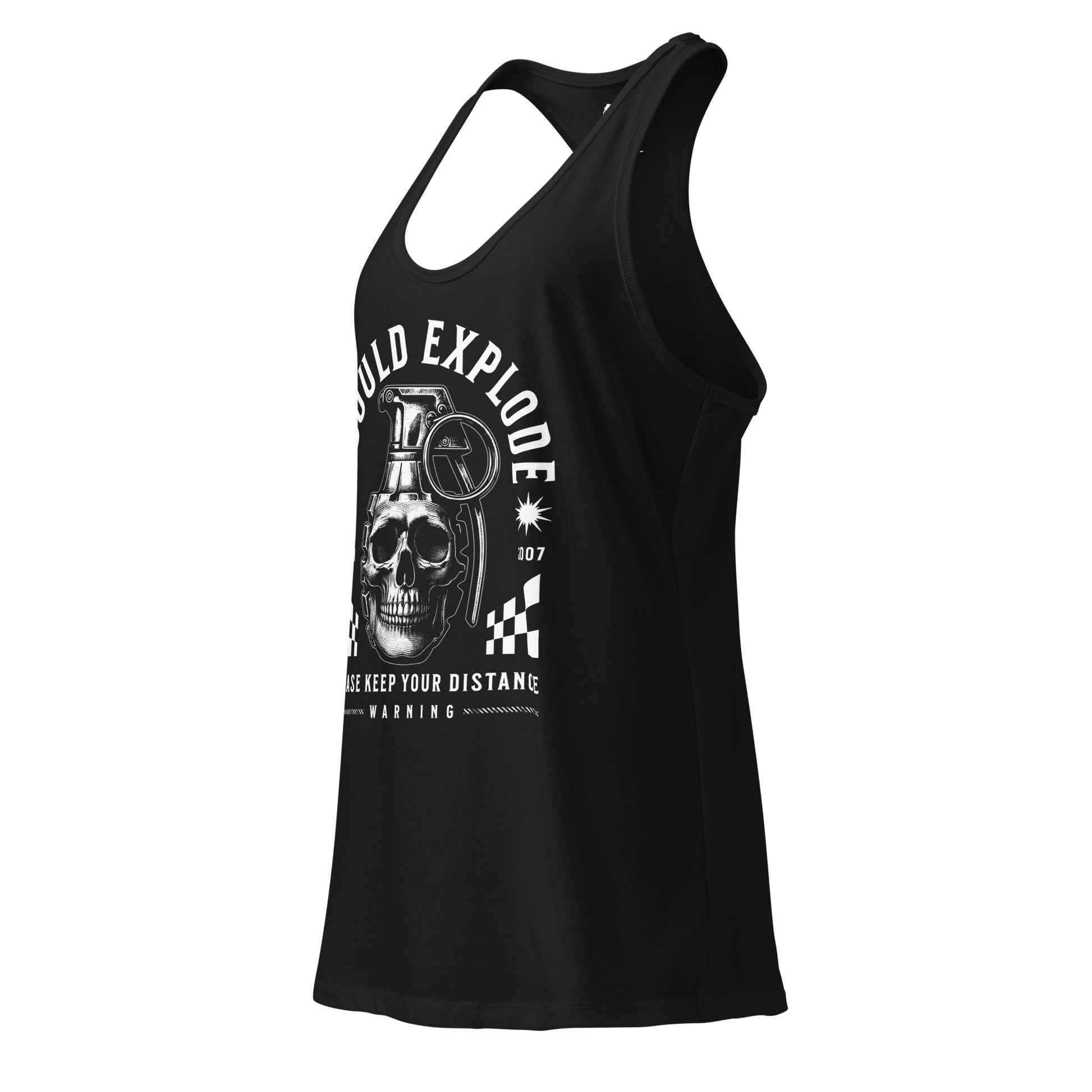 Black tank top with a skull and text design on a white background