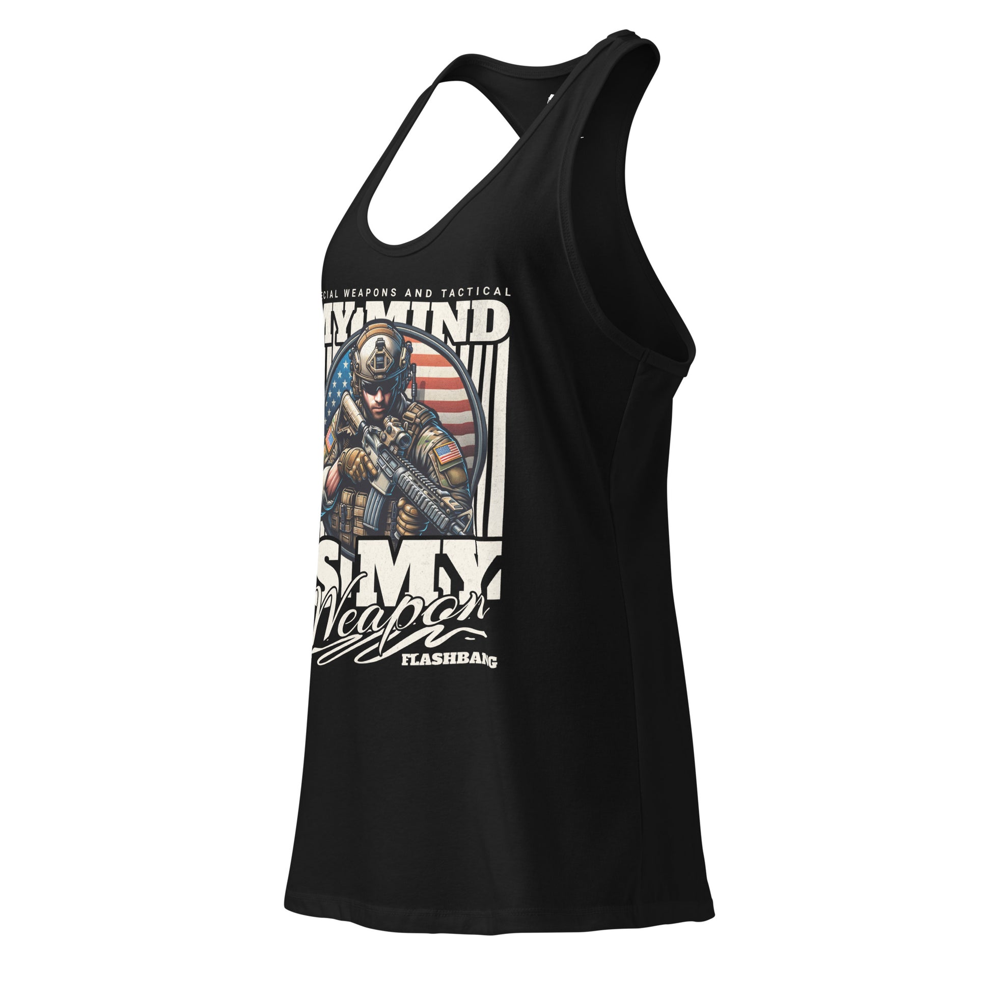 Black tank top with graphic design on a white background