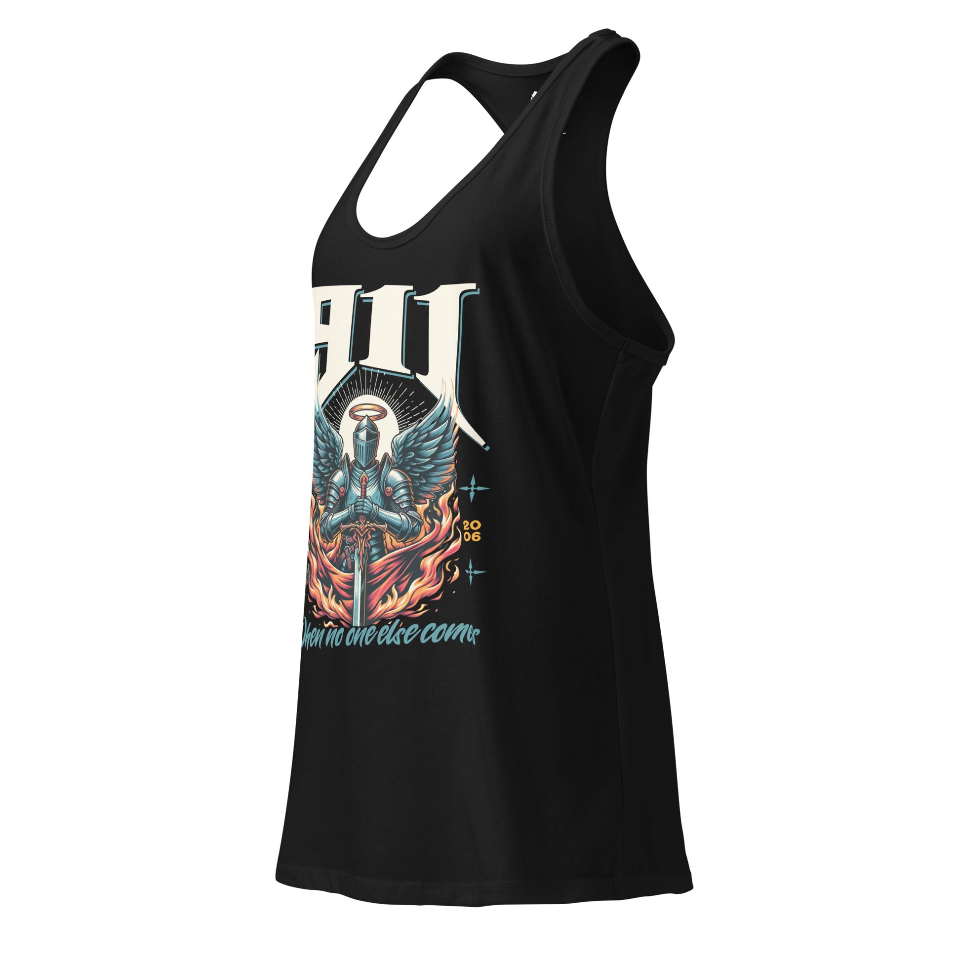 Black tank top with graphic design on a white background