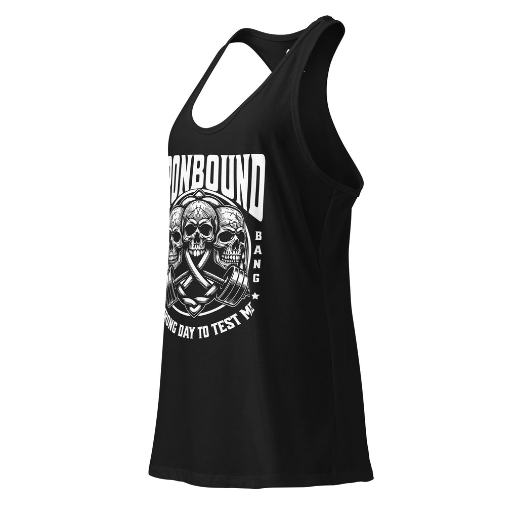 Black tank top with skull design and text on a white background