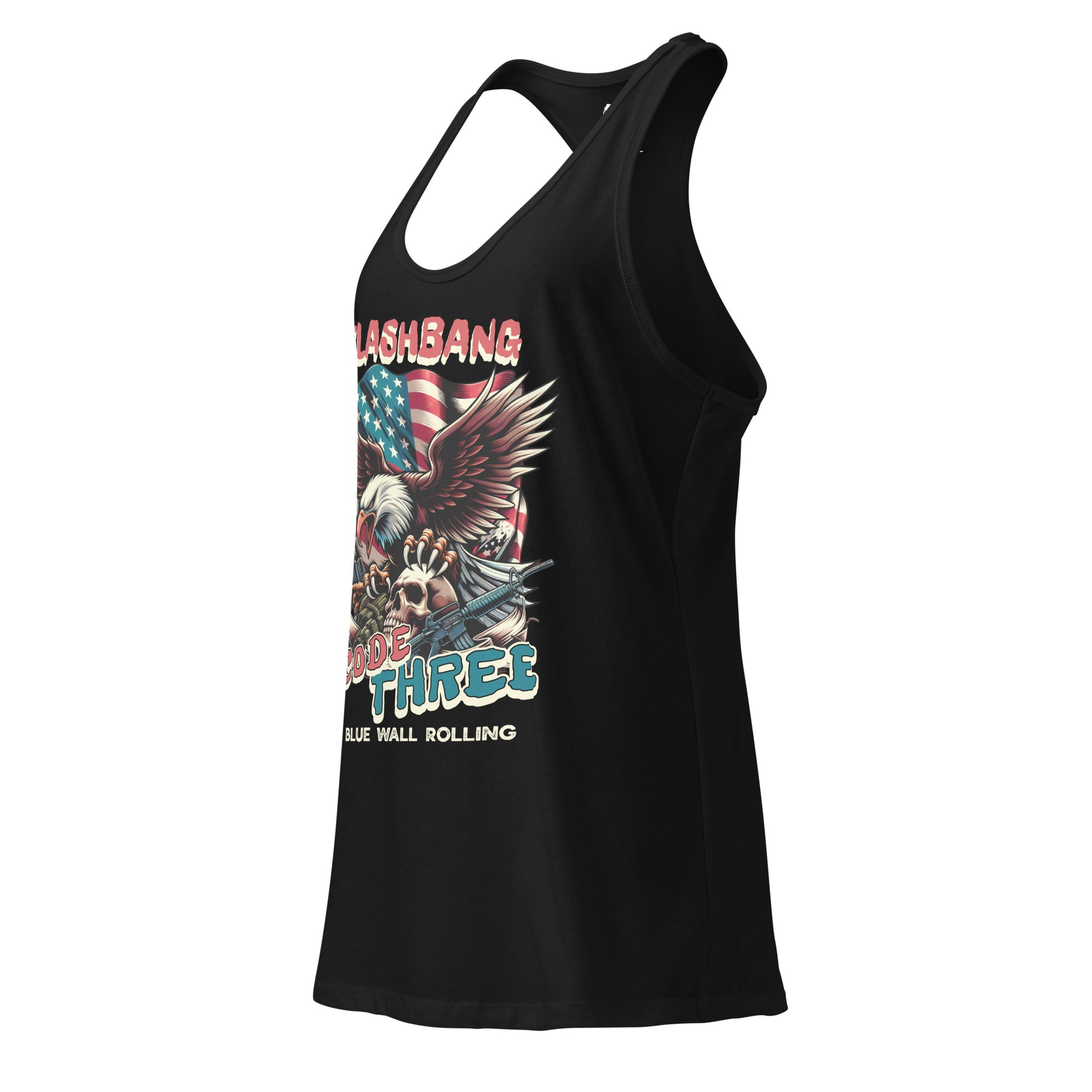 Black tank top with graphic design featuring an eagle and text on a white background