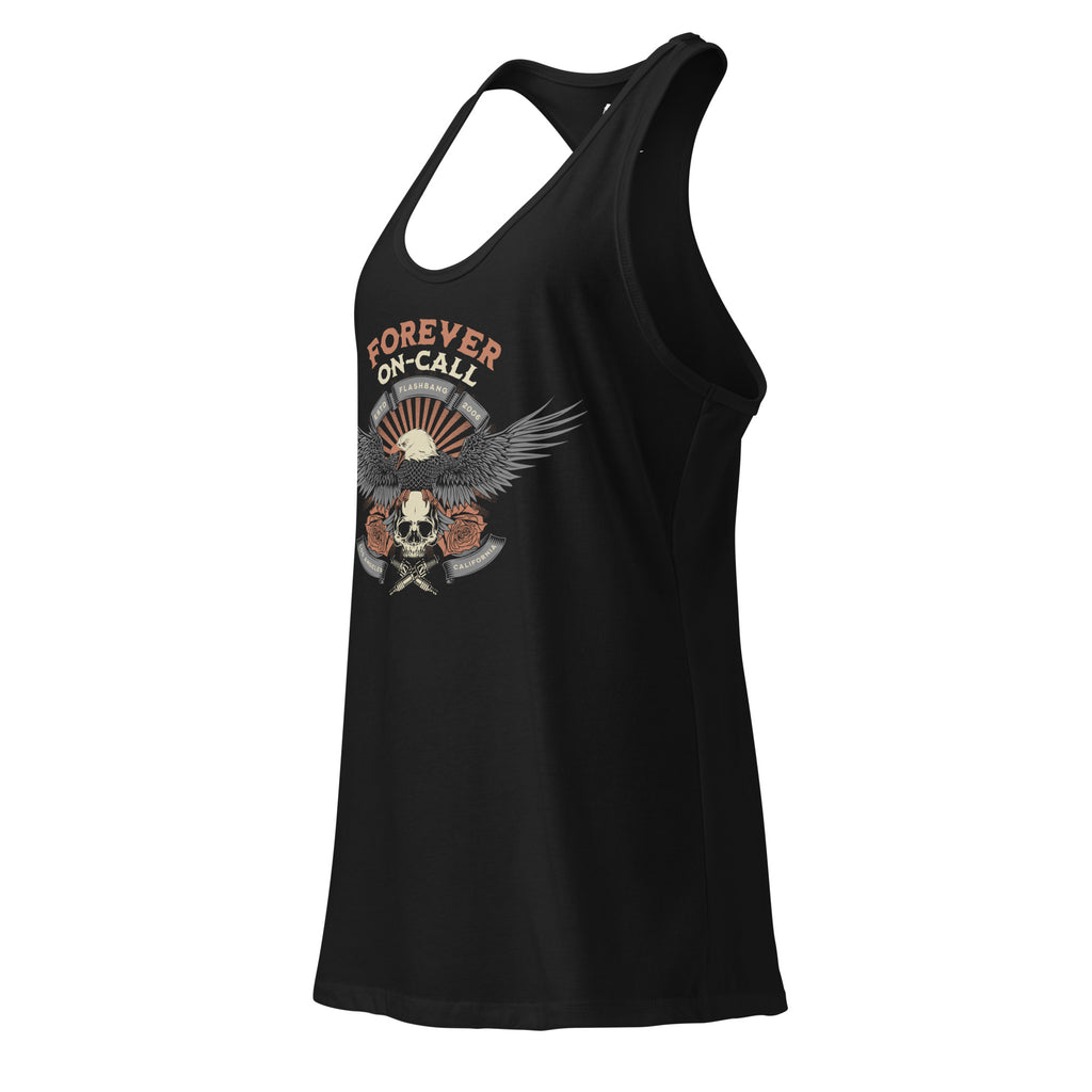 Black tank top with a graphic design and text on a white background
