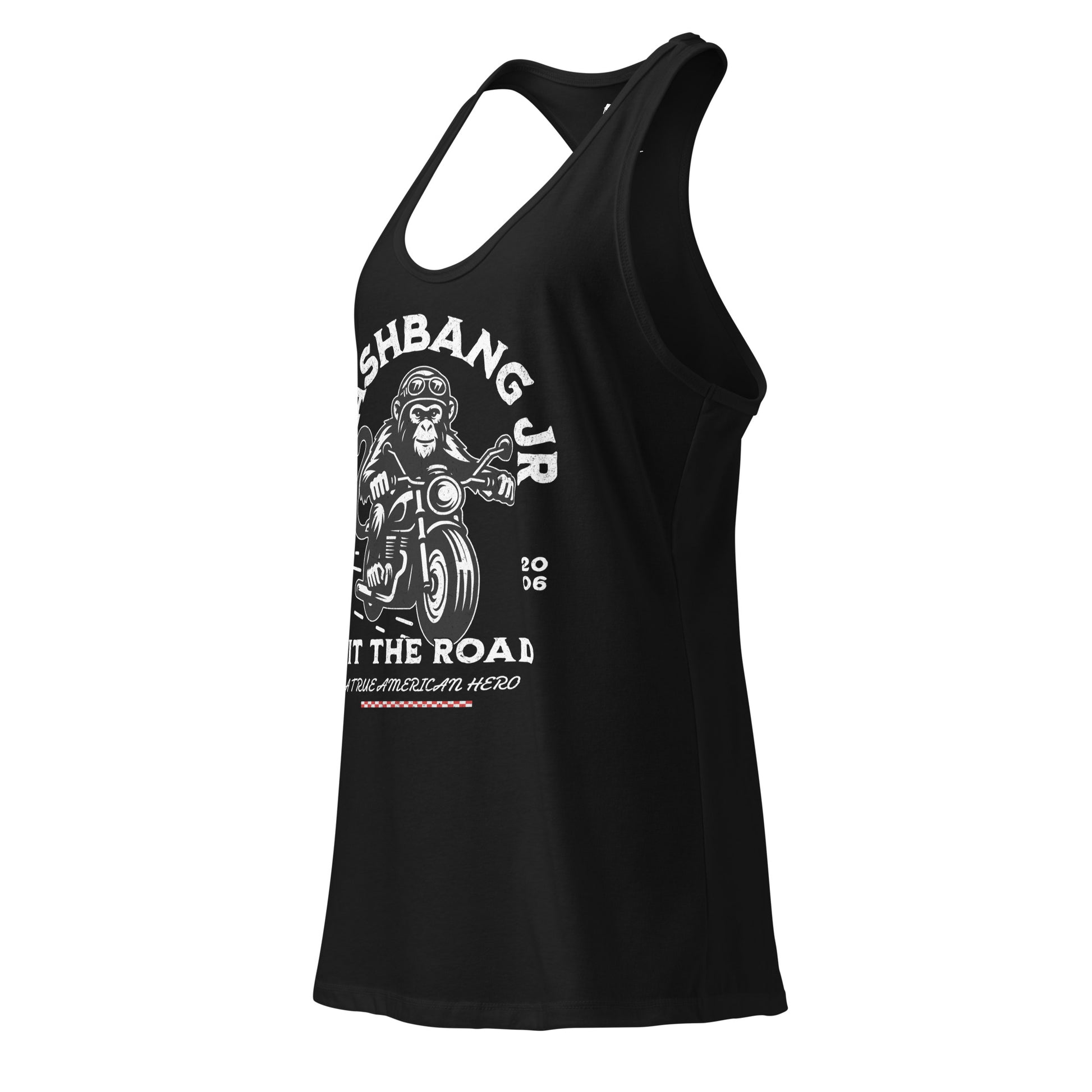 Black tank top with graphic design and text on a white background