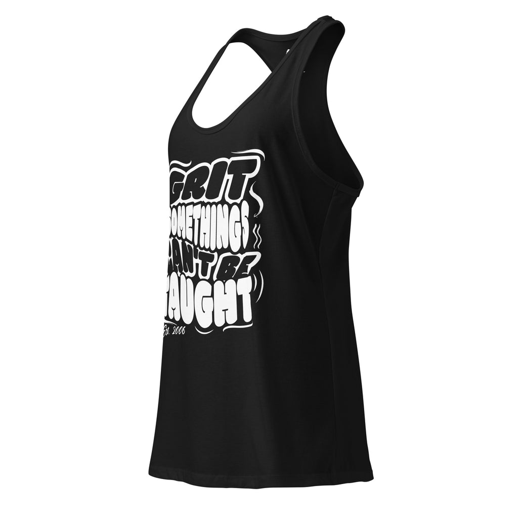 Black tank top with white text on a white background