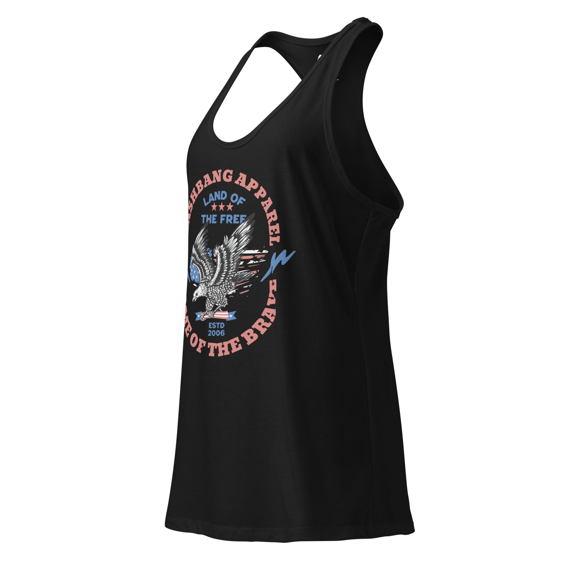 Black tank top with eagle graphic and text on a white background