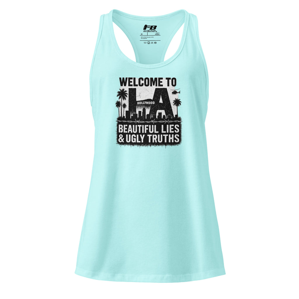 Light blue tank top with graphic design and text on a white background