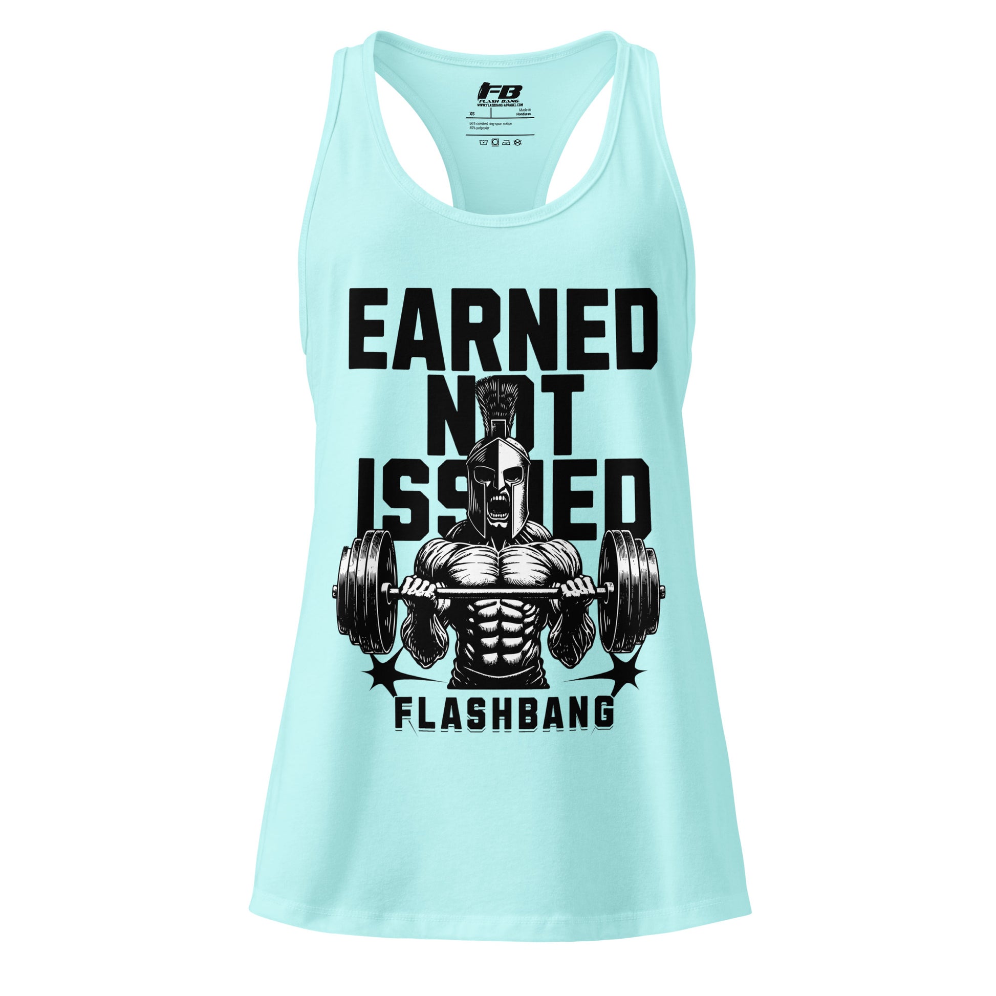 Light blue tank top with graphic design and text on a white background