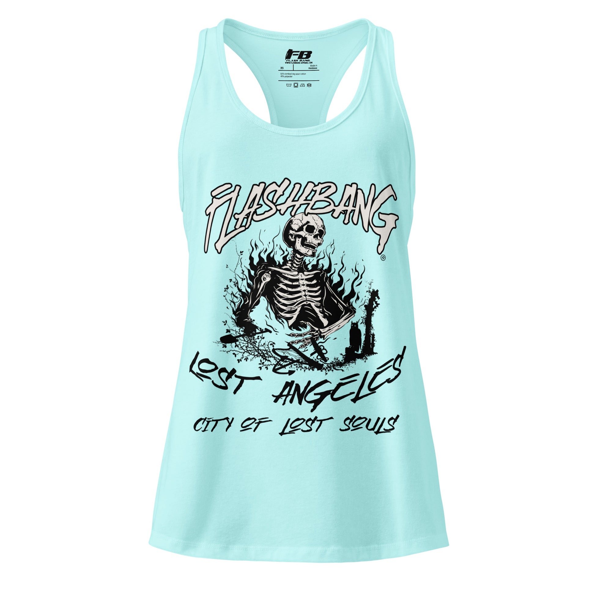 Light blue tank top with skeleton graphic and text on a white background
