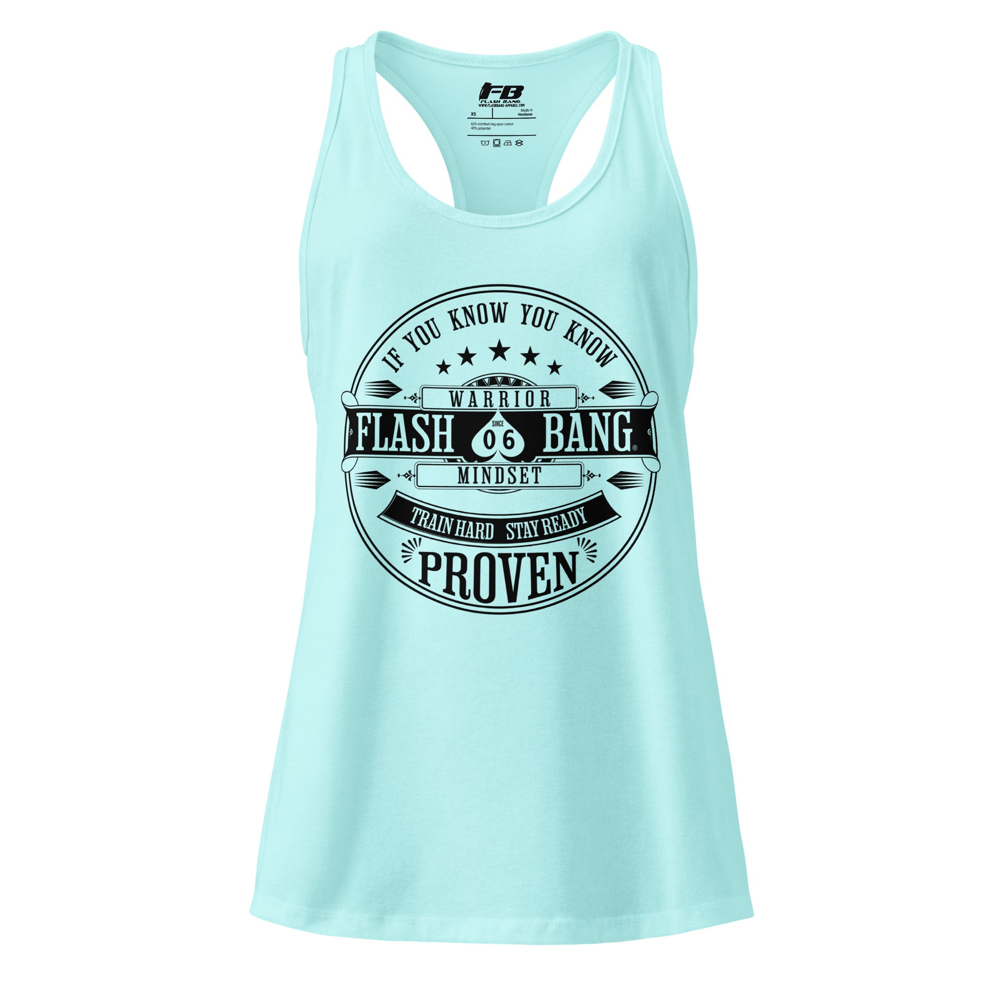 Light blue tank top with black text on a white background