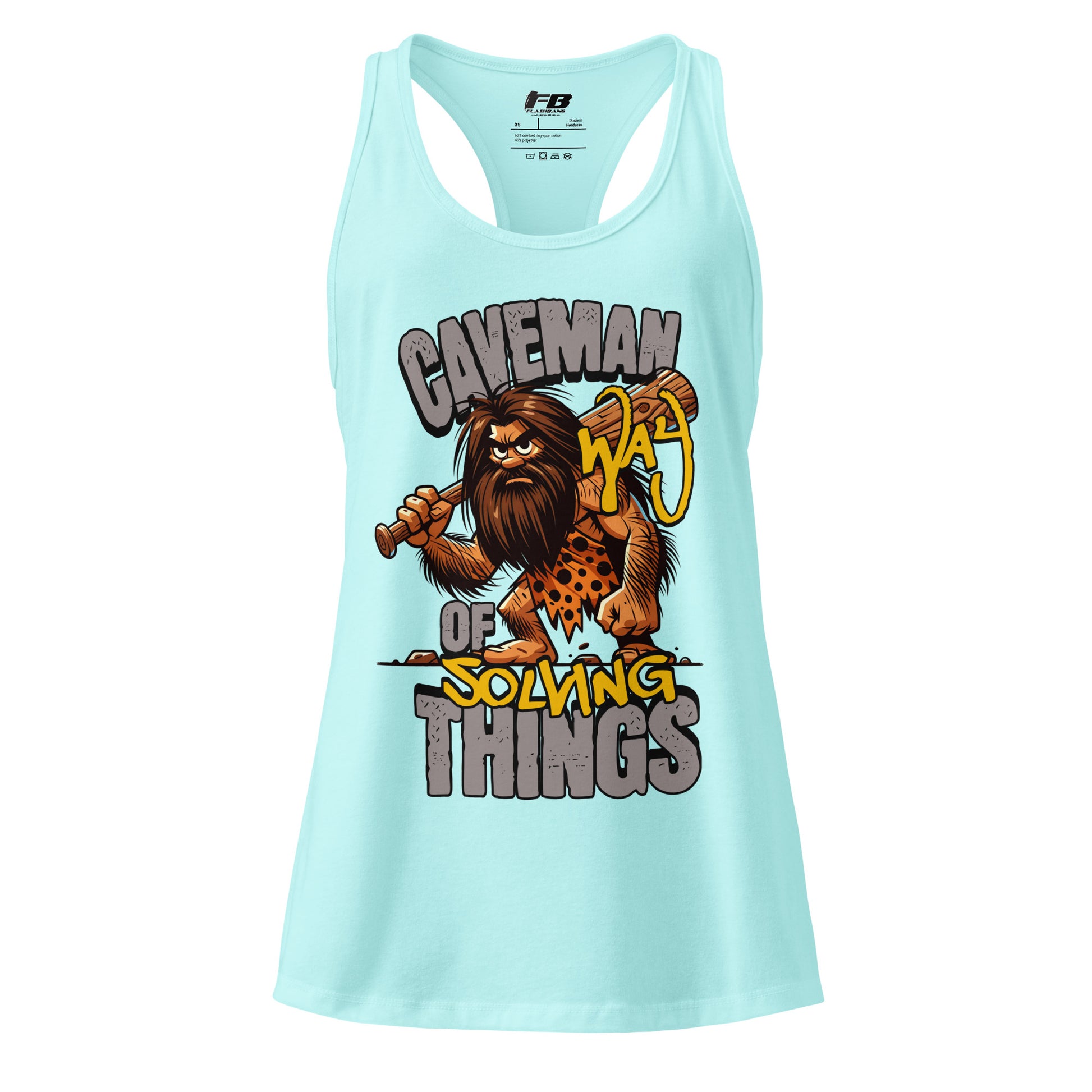 Light blue tank top with a cartoon caveman design and text on a white background