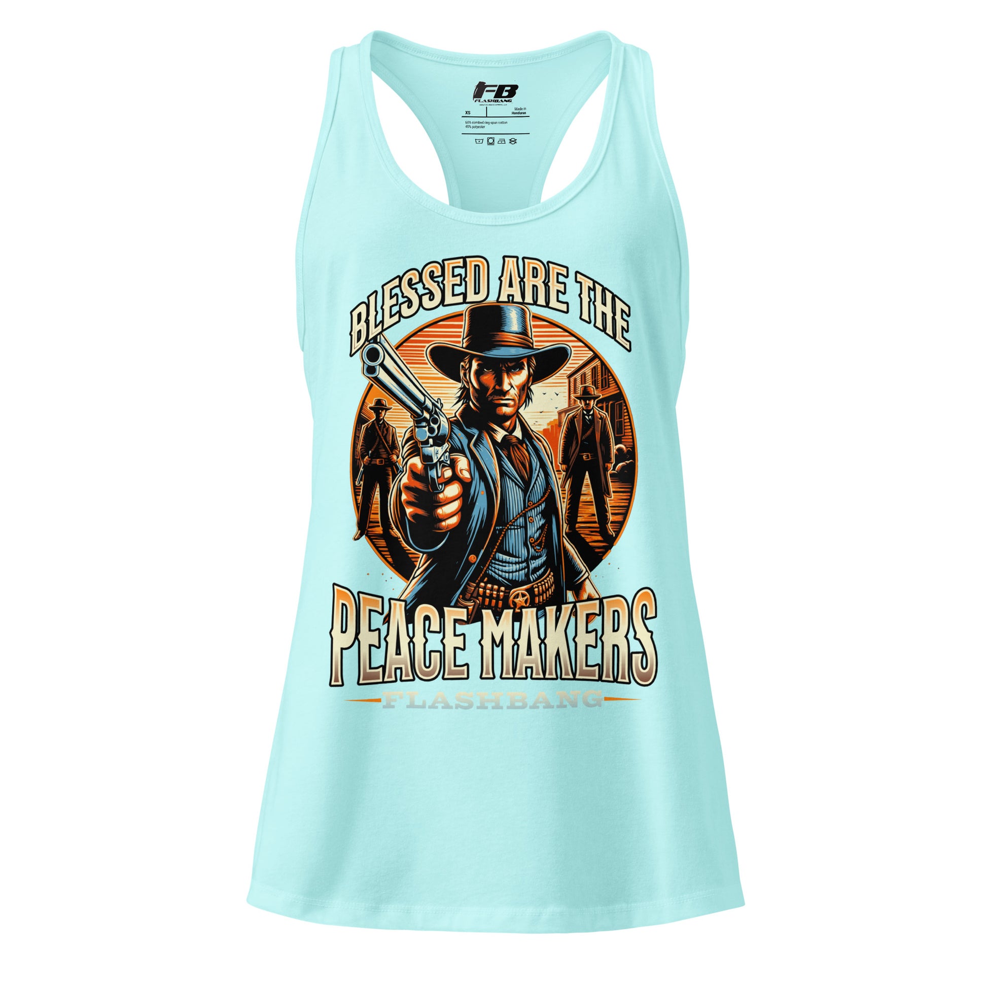 Light blue tank top with a graphic design of a cowboy holding a gun and text on a white background