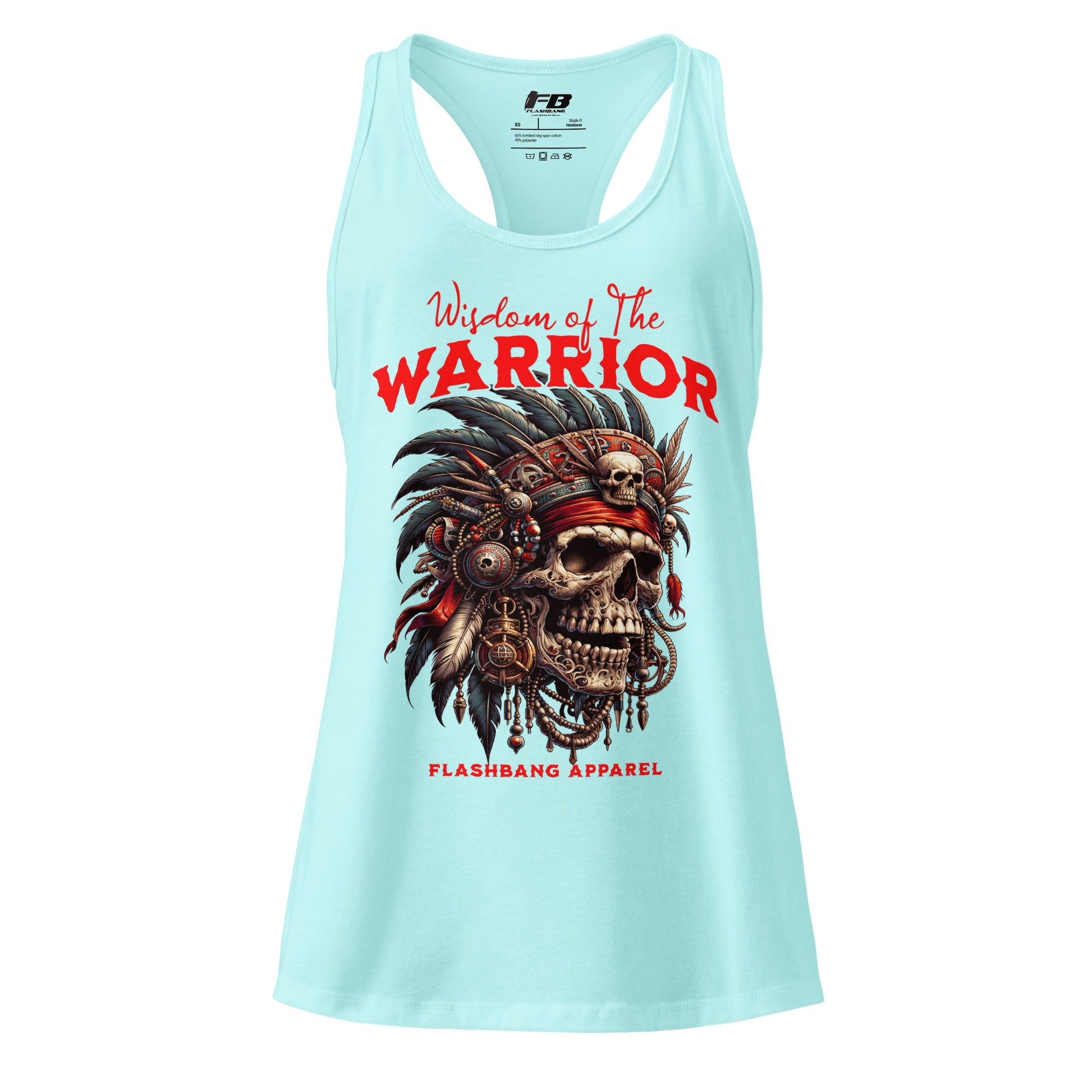 Light blue tank top with warrior skull design and 'Wisdom of the Warrior' text on a white background.