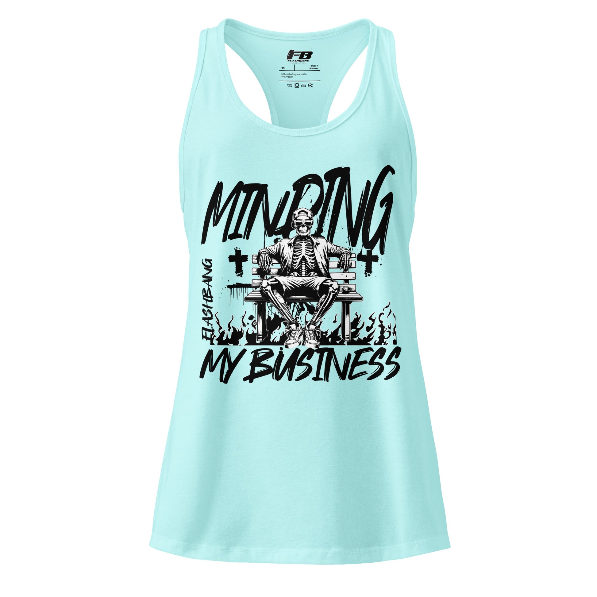 Light blue tank top with black skeleton graphic and text on a white background