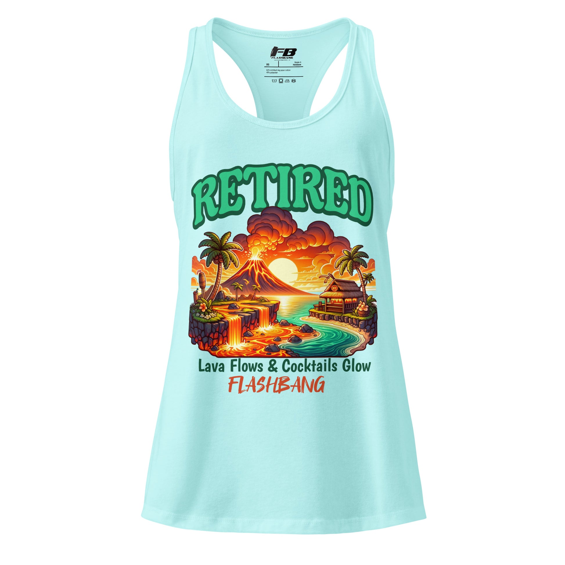Light blue tank top with a tropical graphic design on a white background