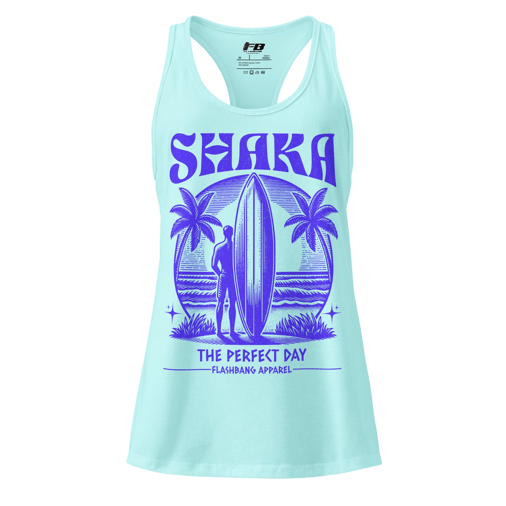 Light blue tank top with purple graphic design on a white background