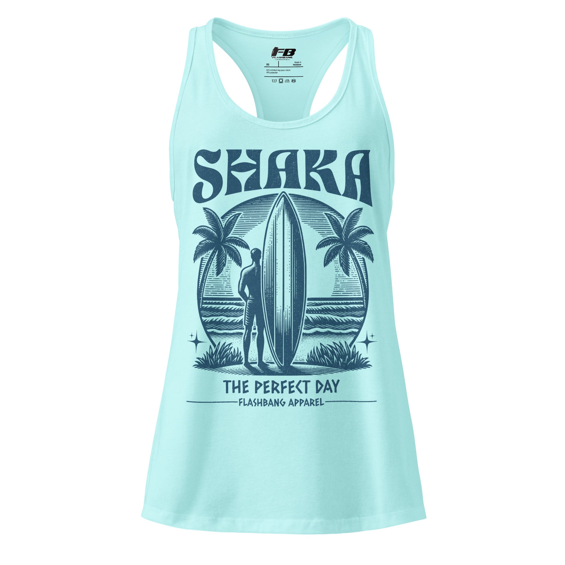 Light blue tank top with a graphic design of a person holding a surfboard and palm trees, on a white background.