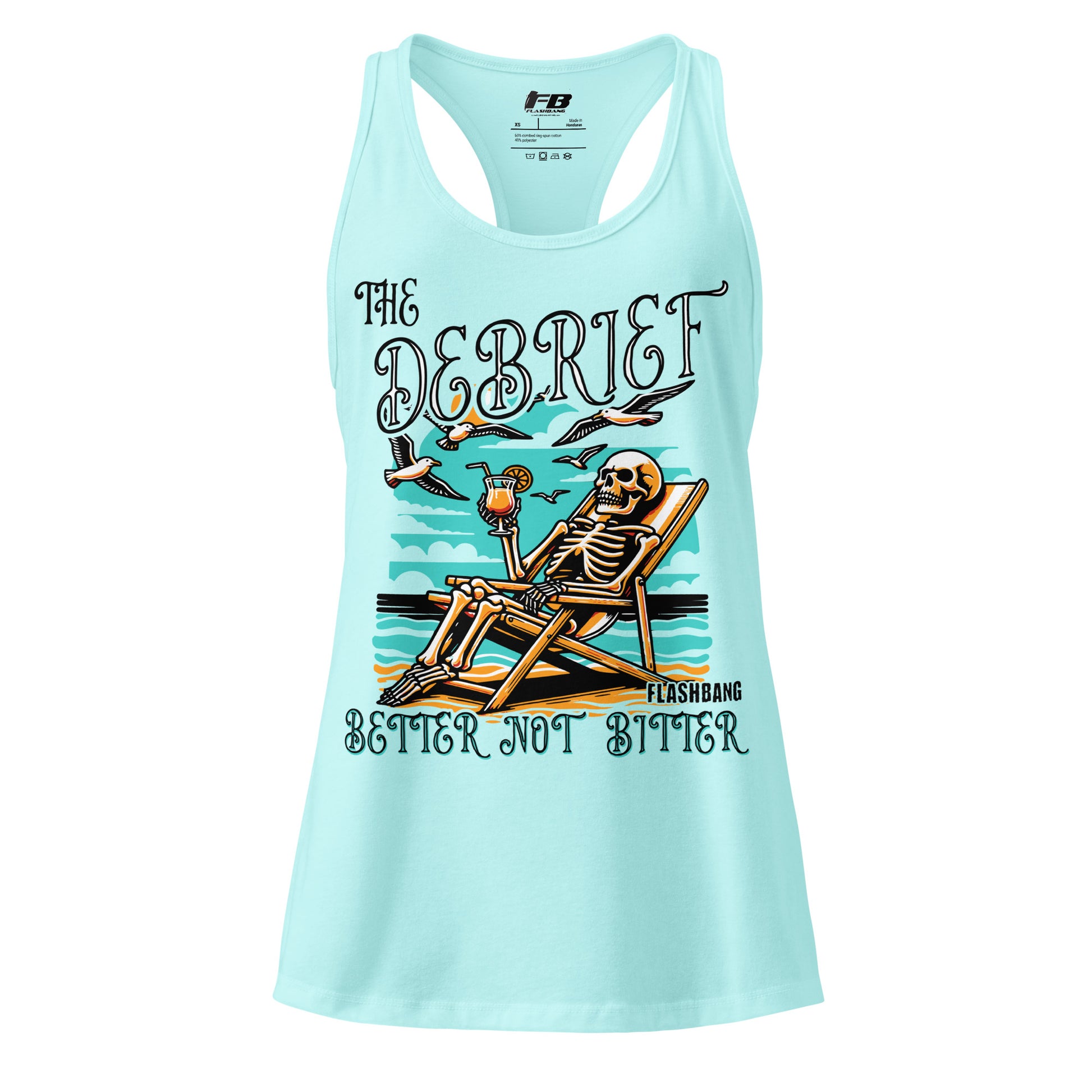 Light blue tank top with skeleton design and text on a white background