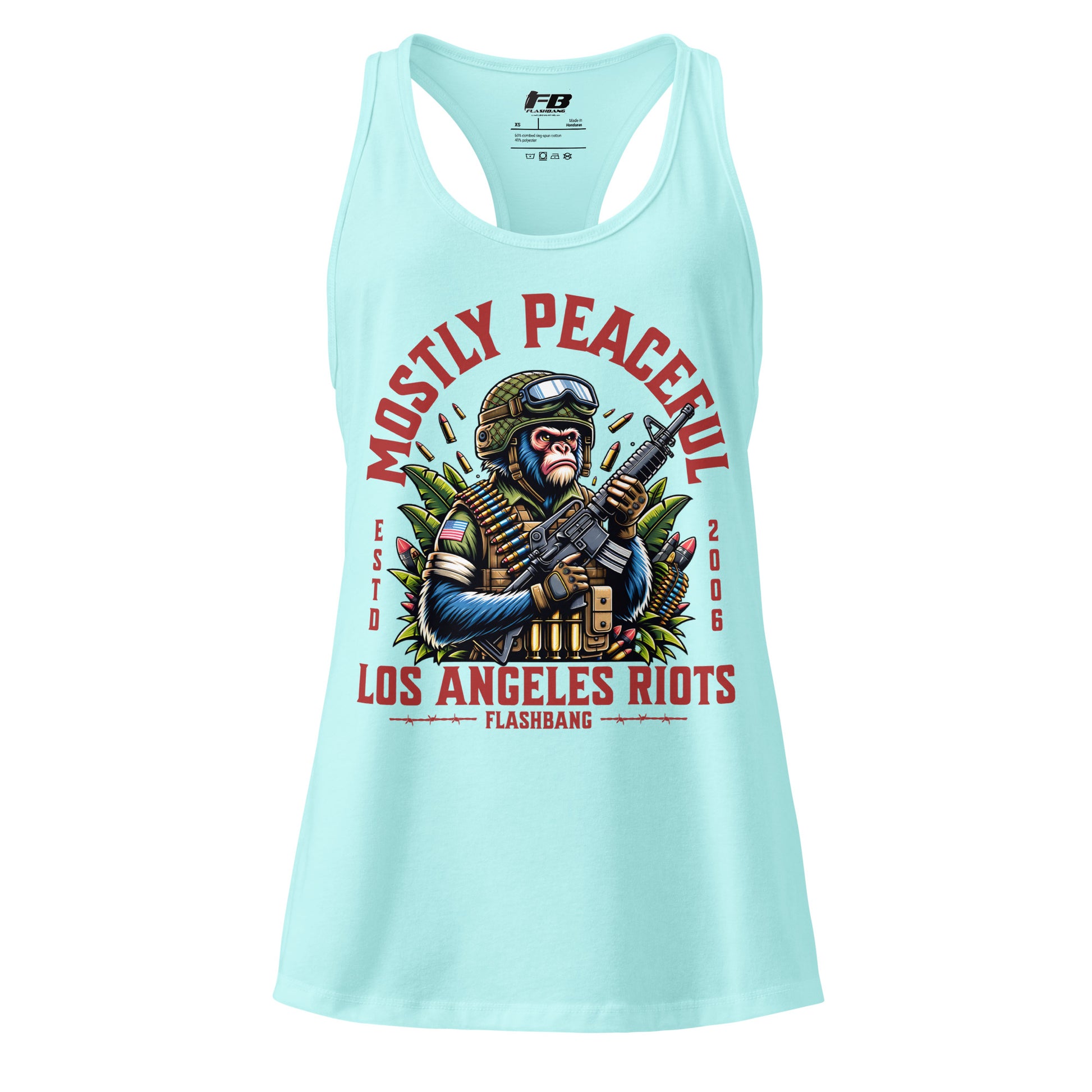 Light blue tank top with graphic design and text on a white background