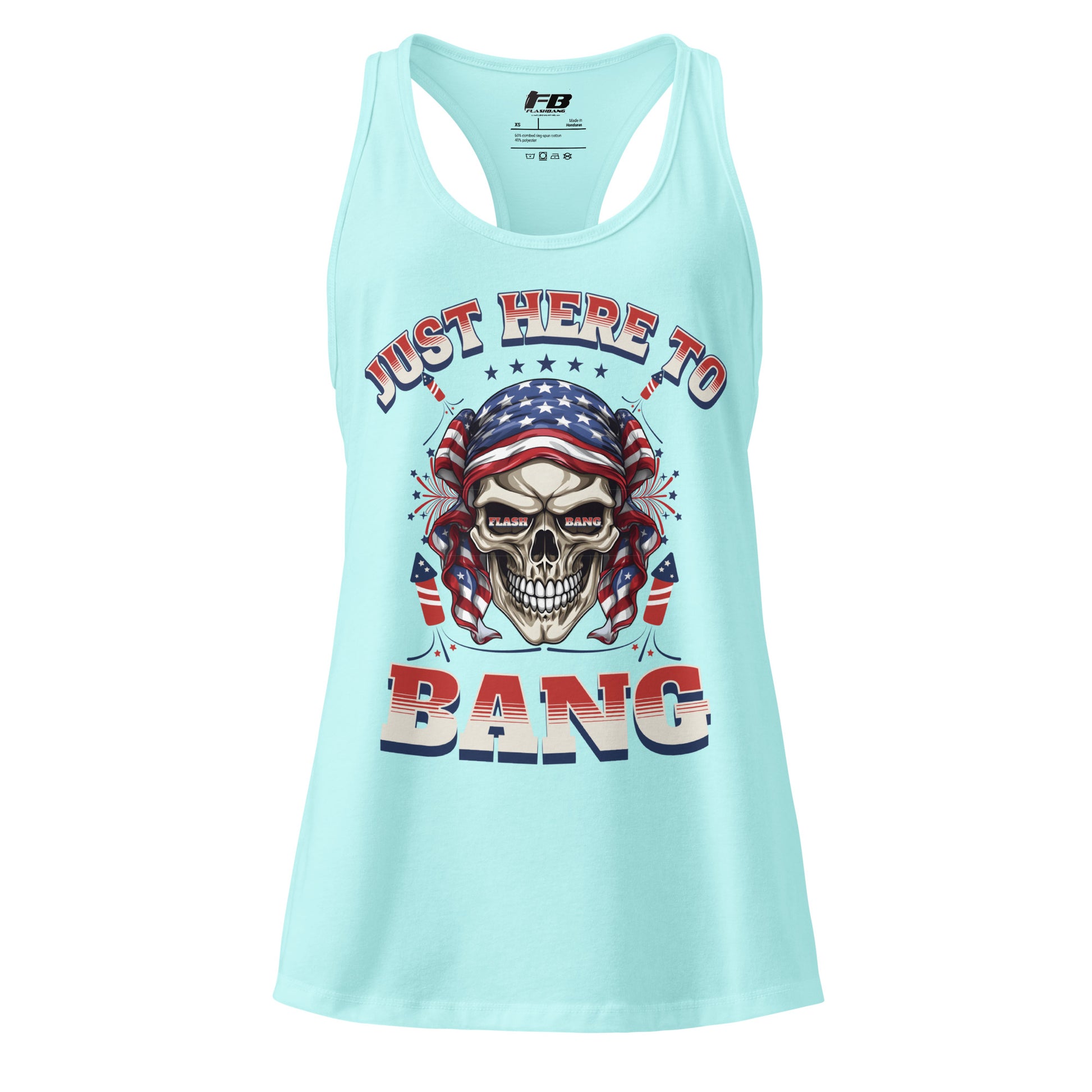 Light blue tank top with skull and American flag design on a white background