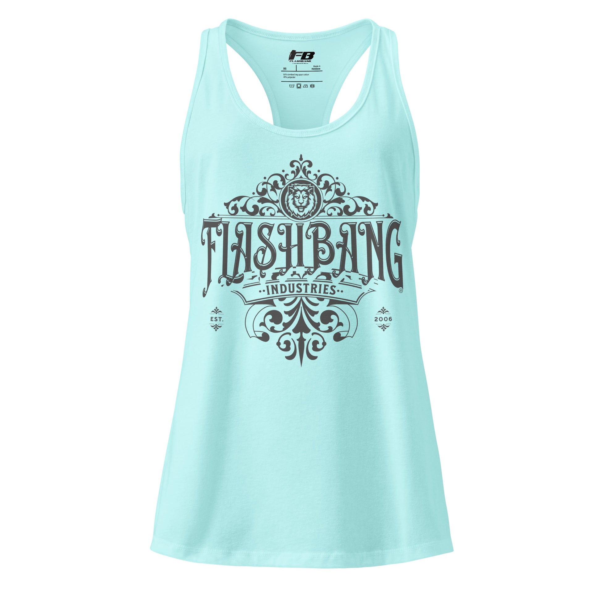 Light blue tank top with 'Flashbang Industries' graphic design on a white background