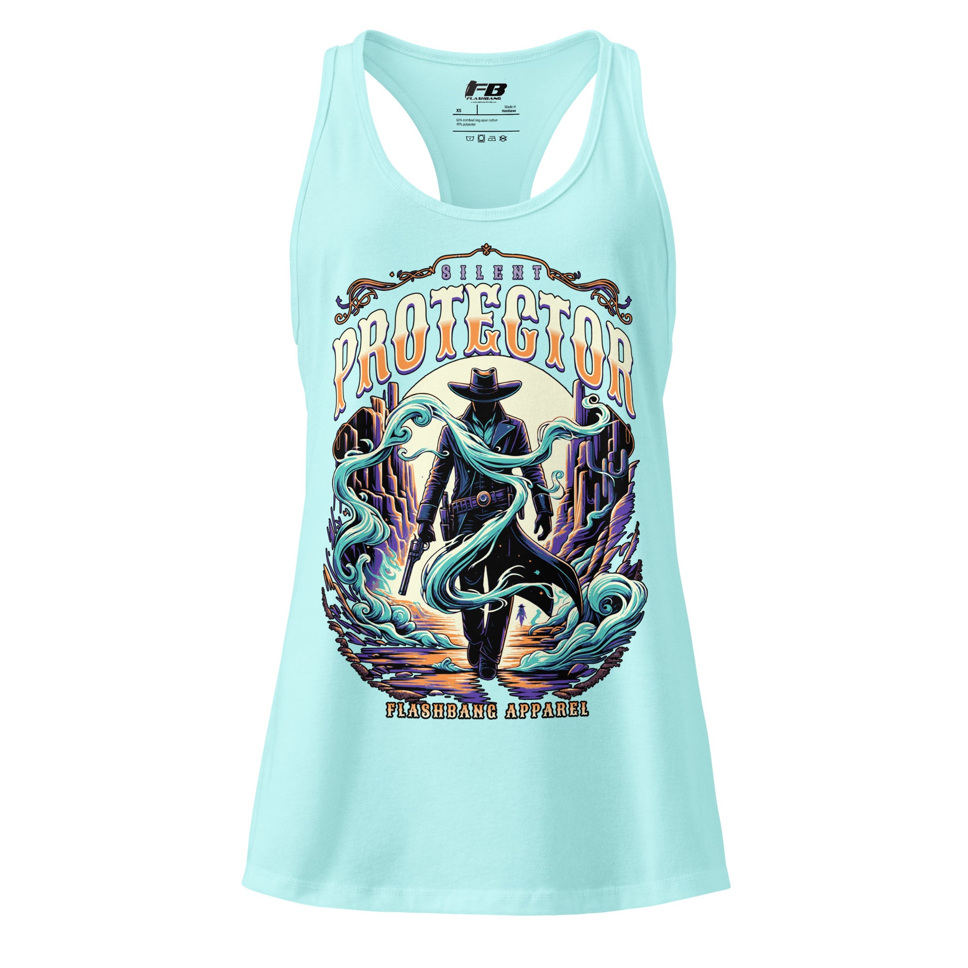 Light blue tank top with a graphic design of a person in a cowboy hat and boots, surrounded by text and decorative elements on a white background.