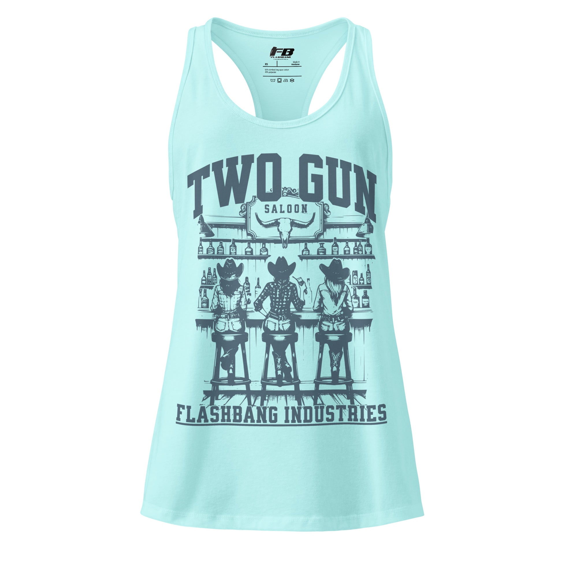 Light blue tank top with graphic design and text on a white background