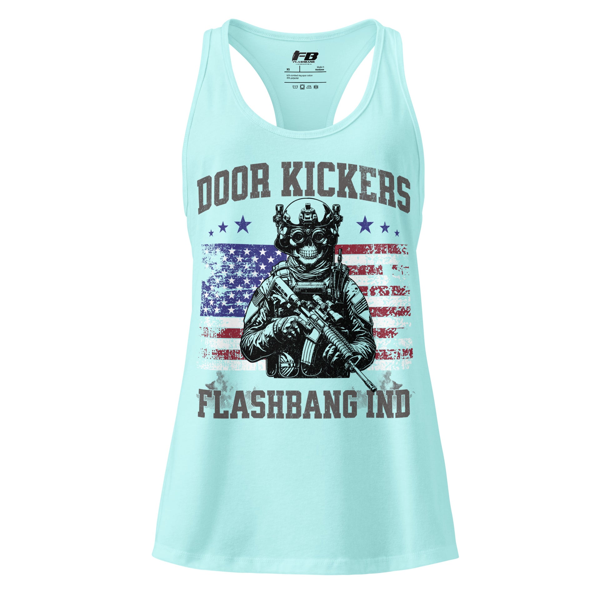 Light blue tank top with graphic design and text on a white background