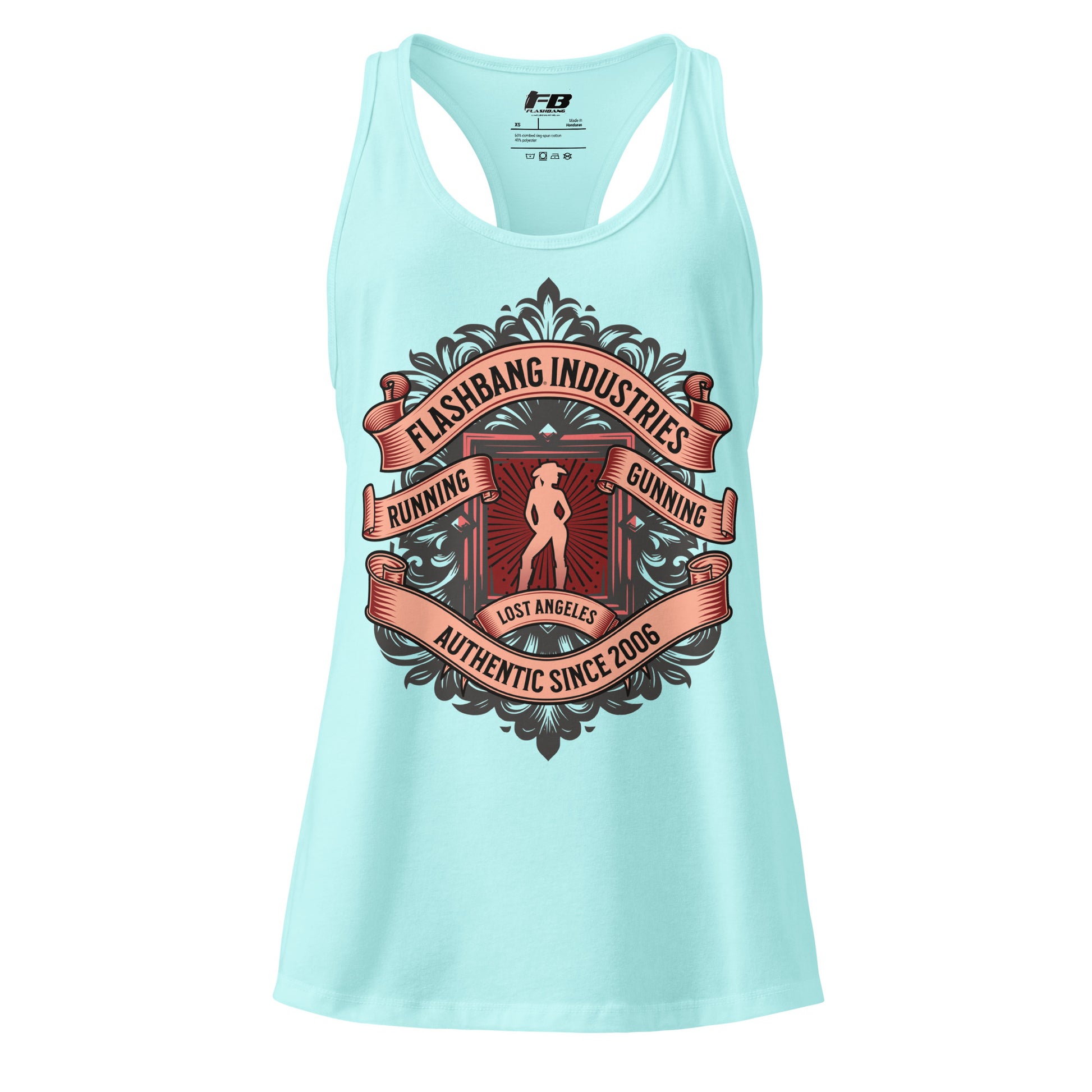 Light blue tank top with graphic design and text on a white background