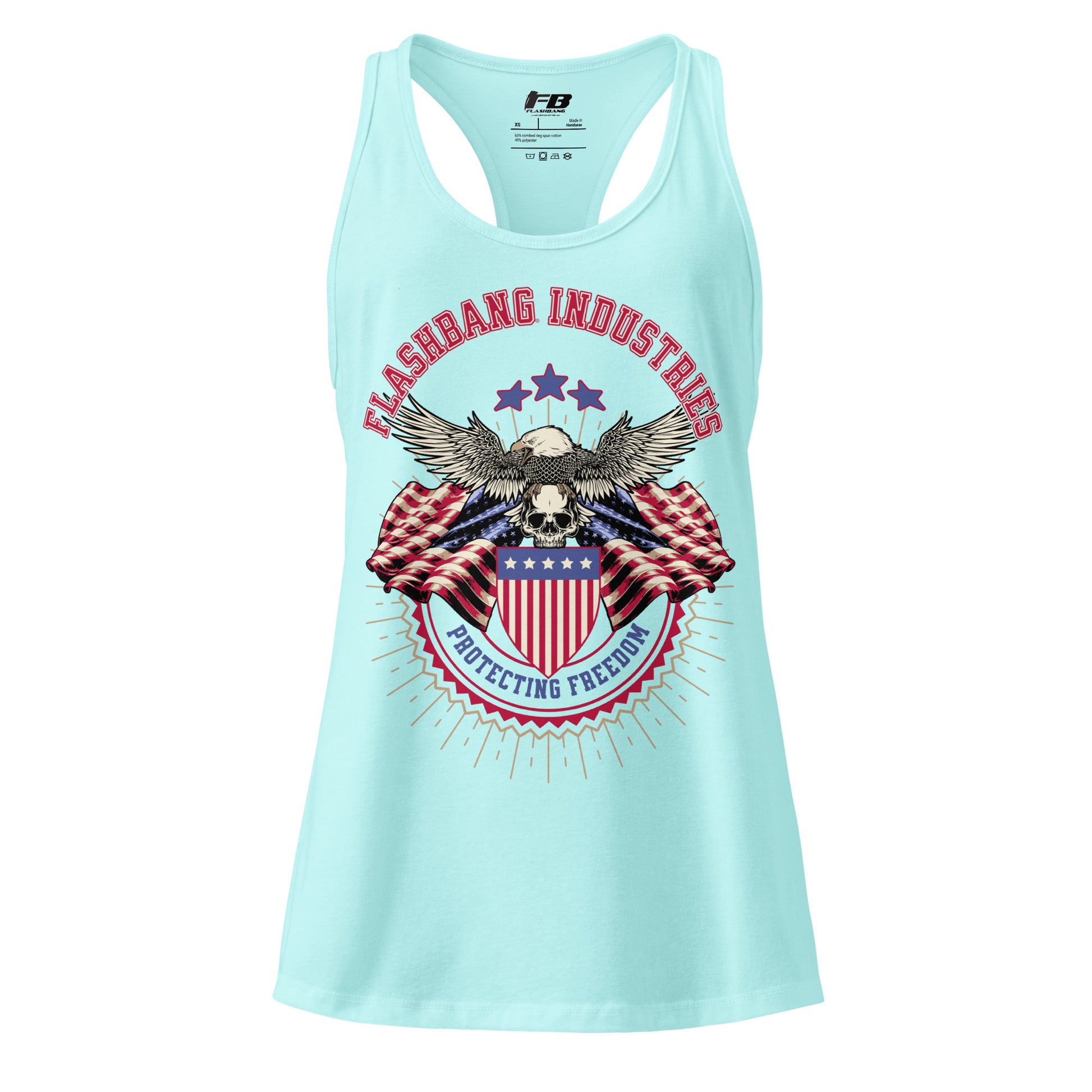 Light blue tank top with patriotic graphic design on a white background