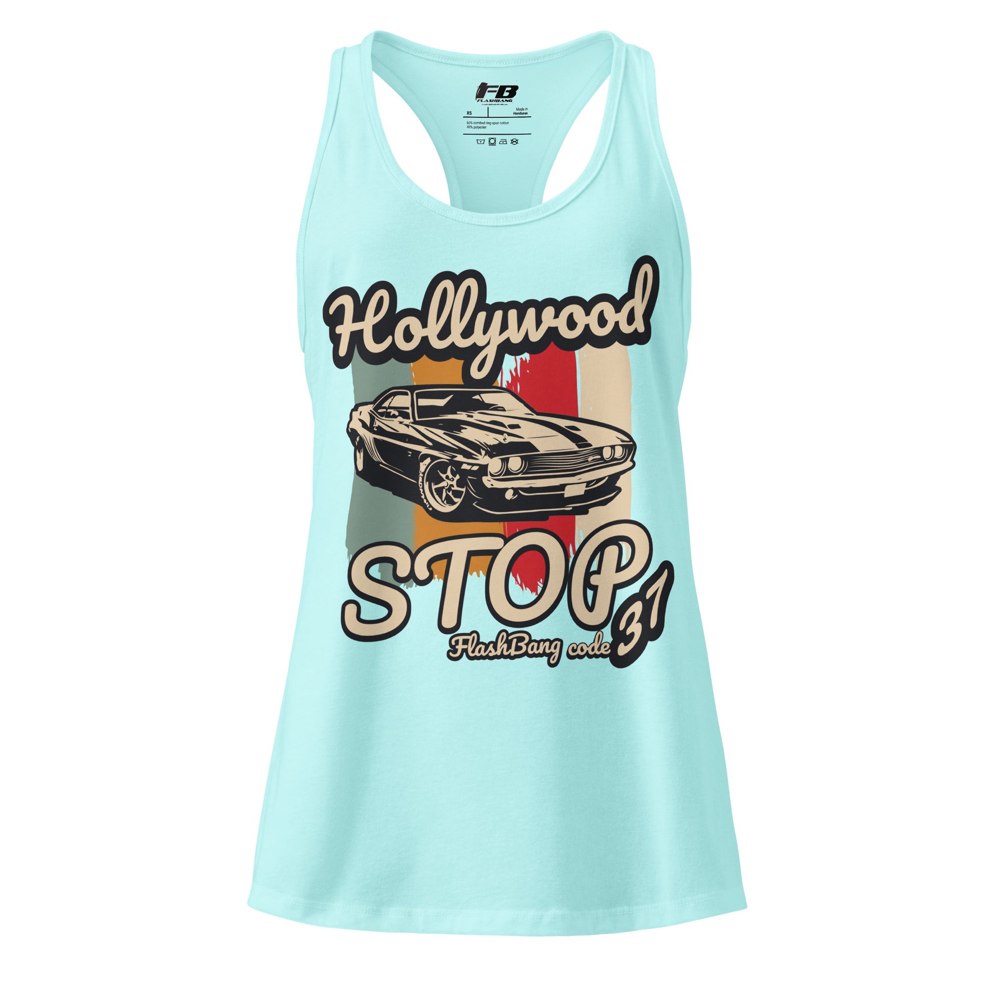 Light blue tank top with vintage car graphic and text on a white background
