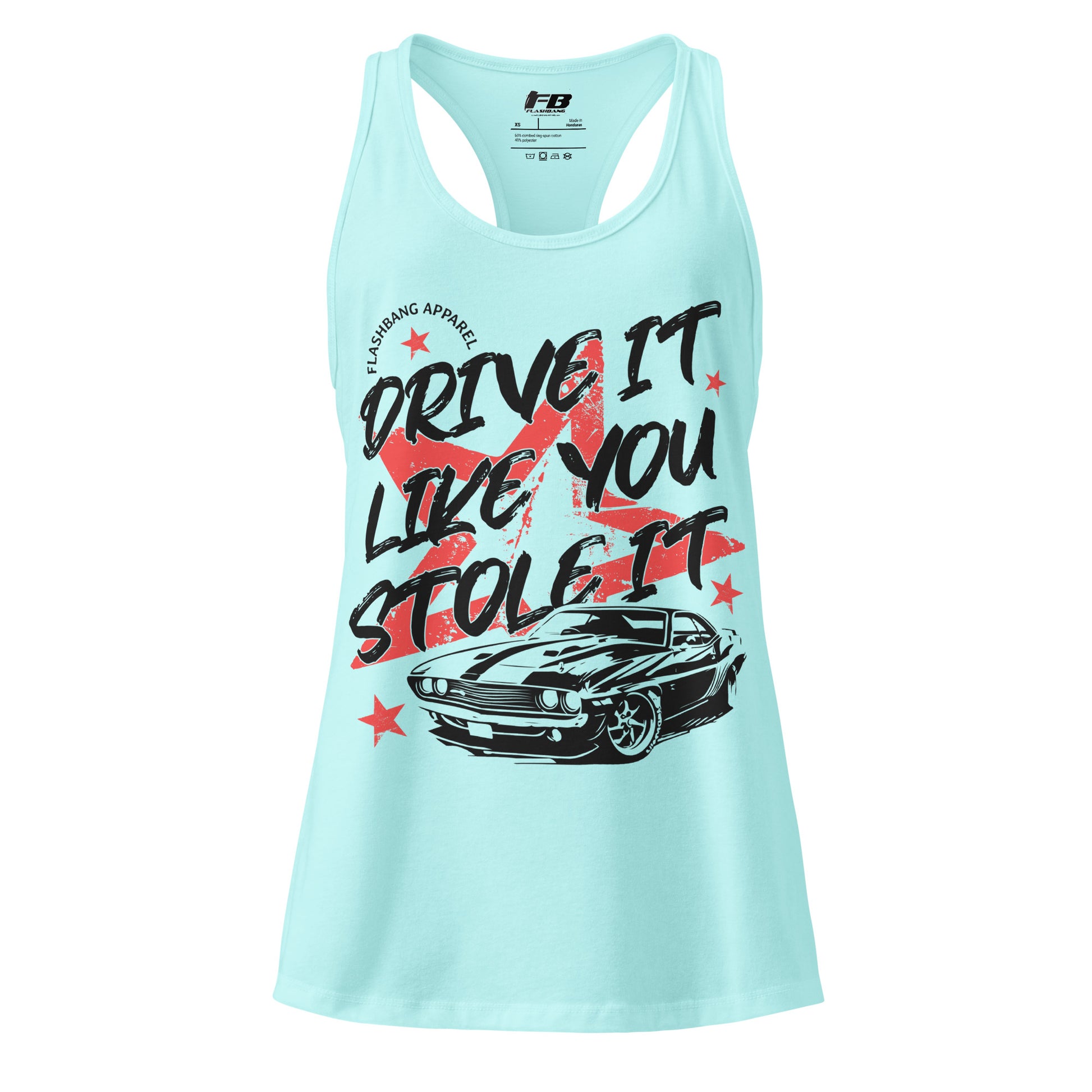 Light blue tank top with graphic design and text on a white background