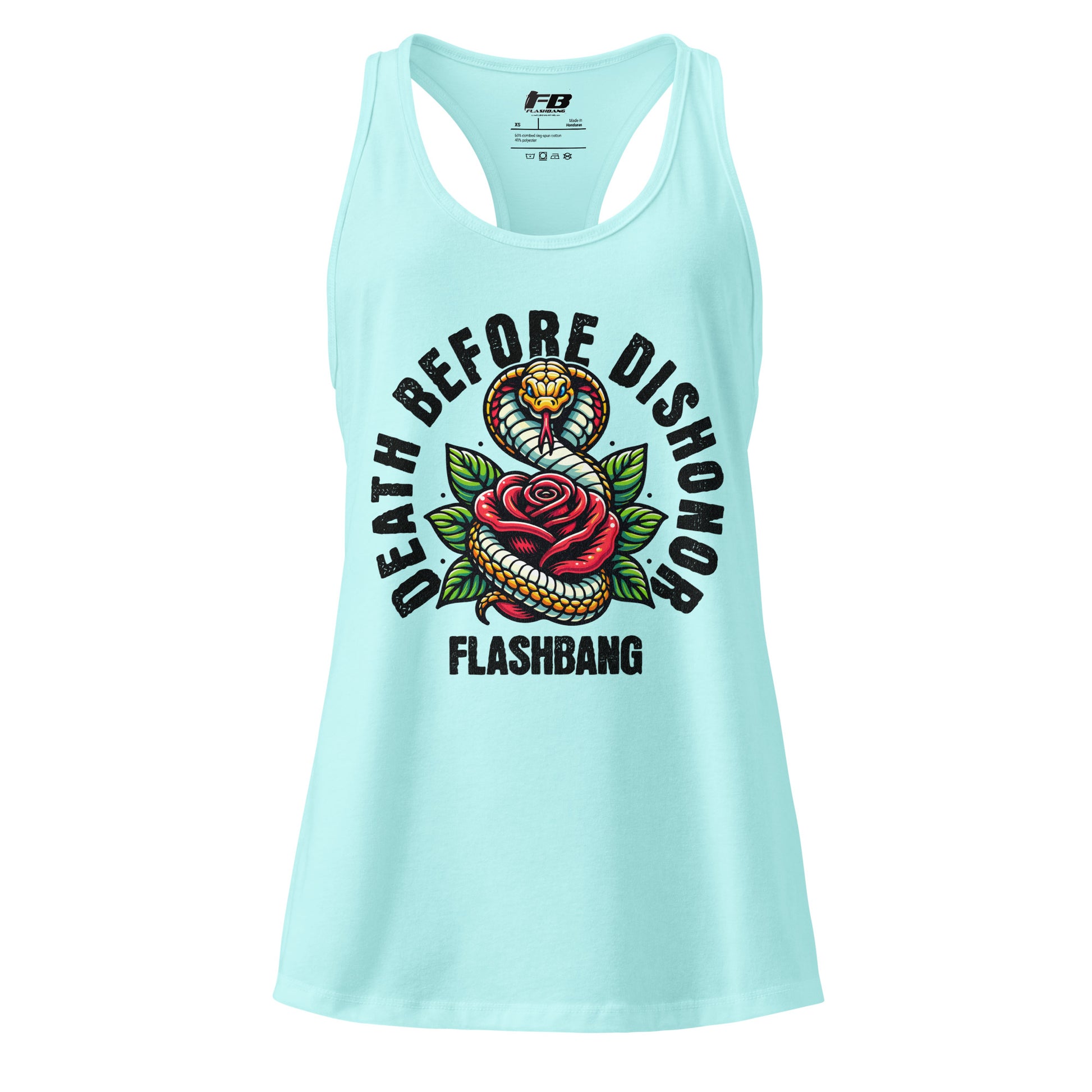 Light blue tank top with 'Death Before Dishonor' graphic design on a white background