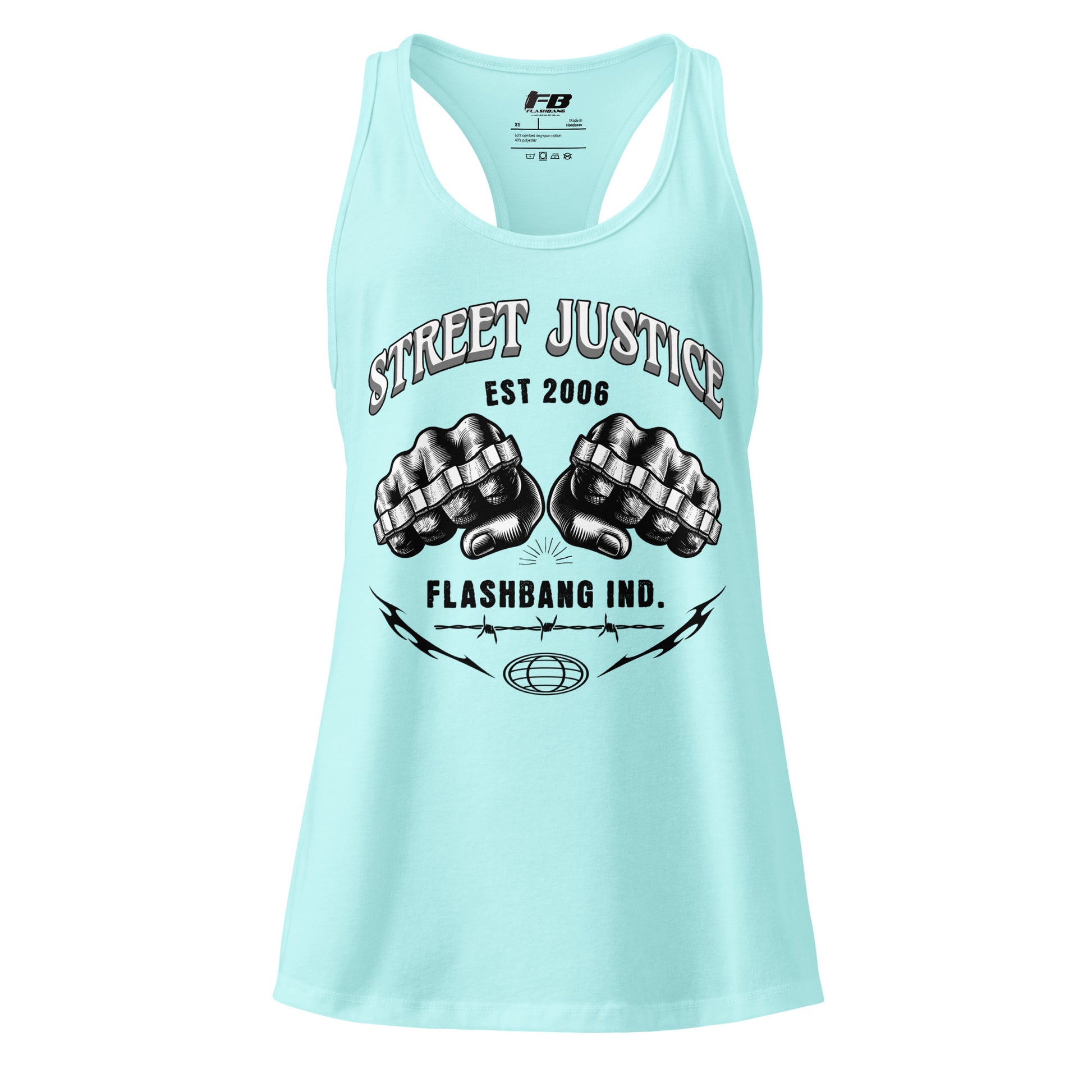 Light blue tank top with 'Street Justice' and 'Flashbang Ind.' graphics on a white background