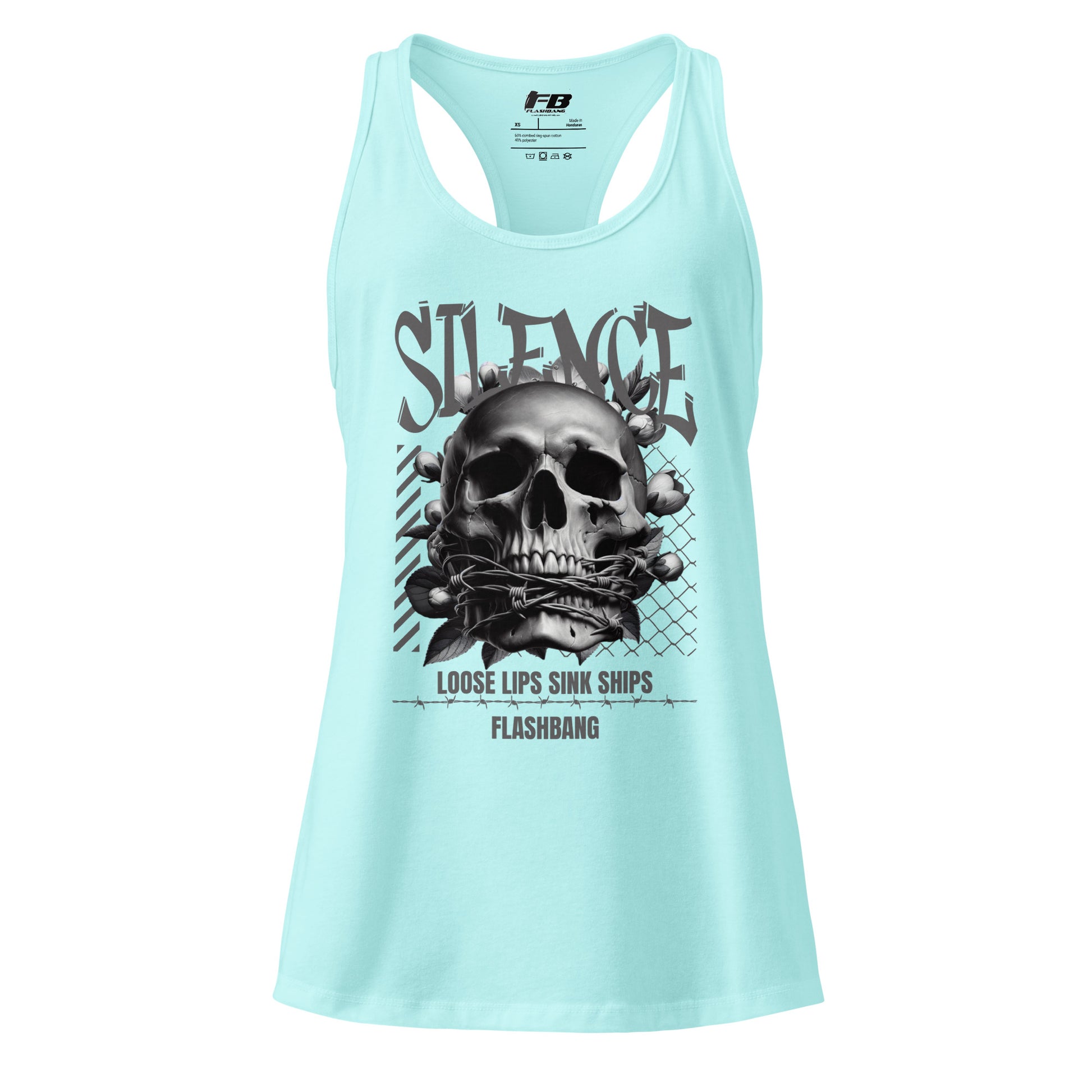 Light blue tank top with skull design and text on a white background