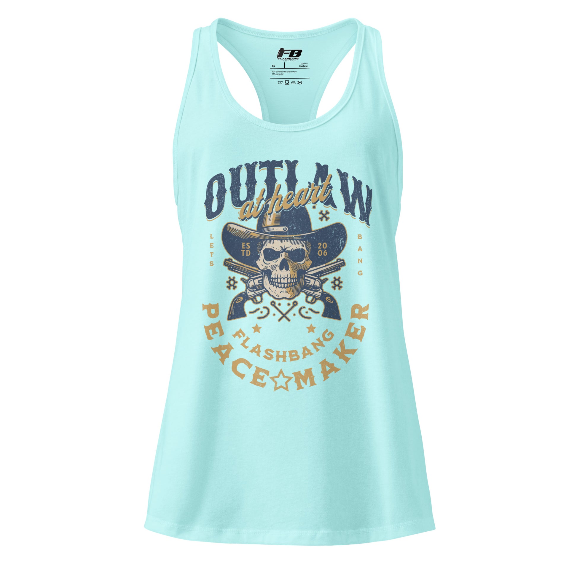 Light blue tank top with graphic design and text on a white background