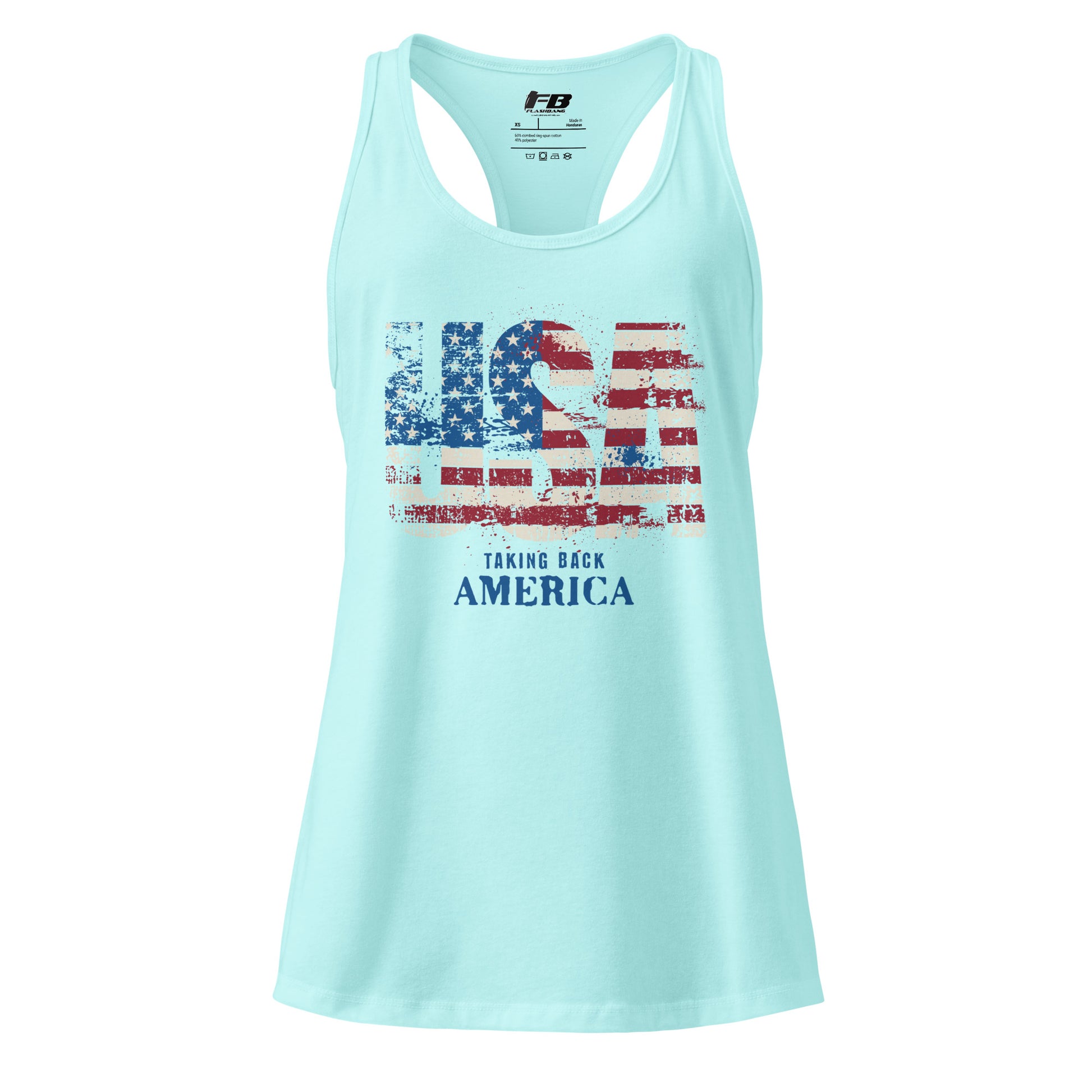 Light blue tank top with American flag design and text on a white background