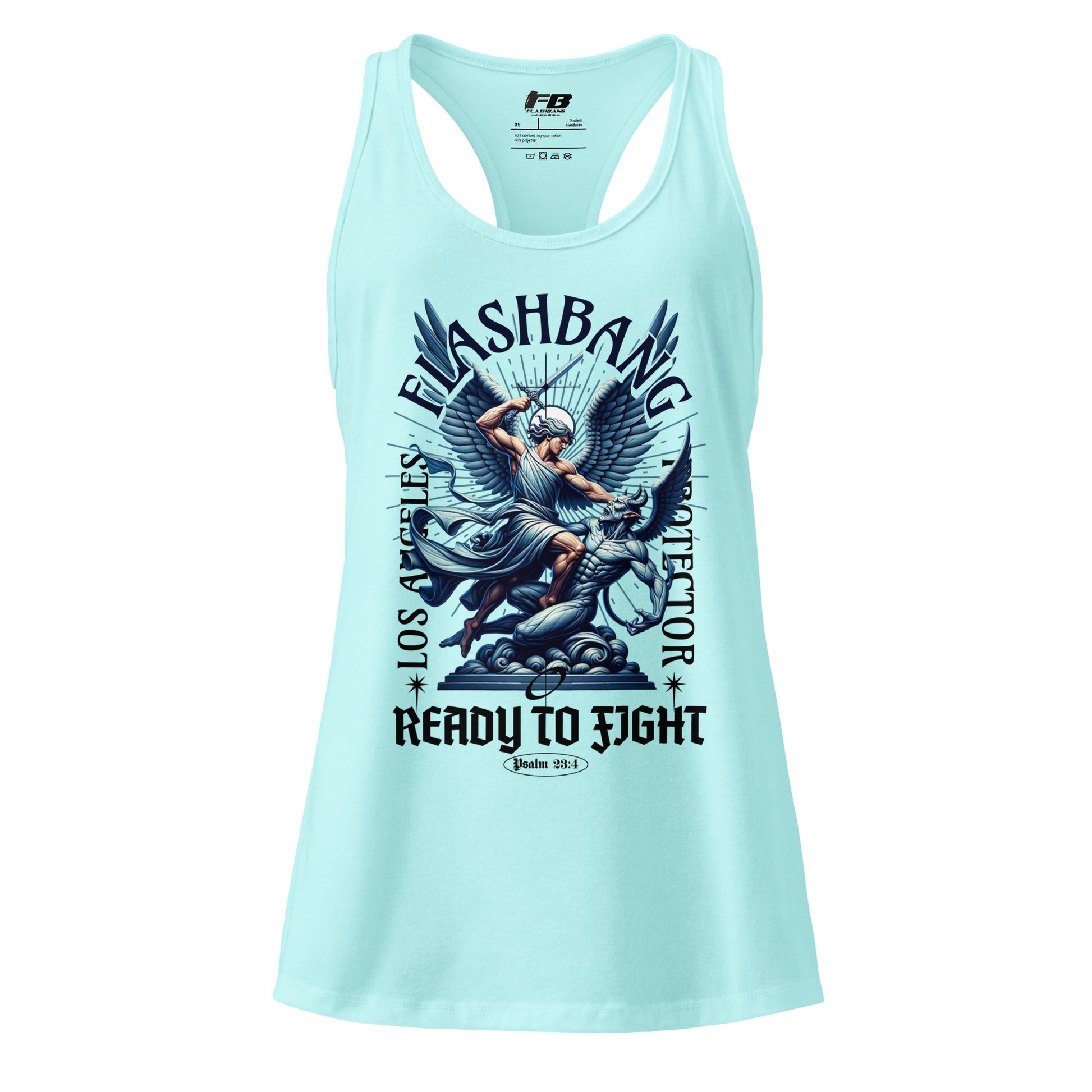 Light blue tank top with graphic design and text on a white background