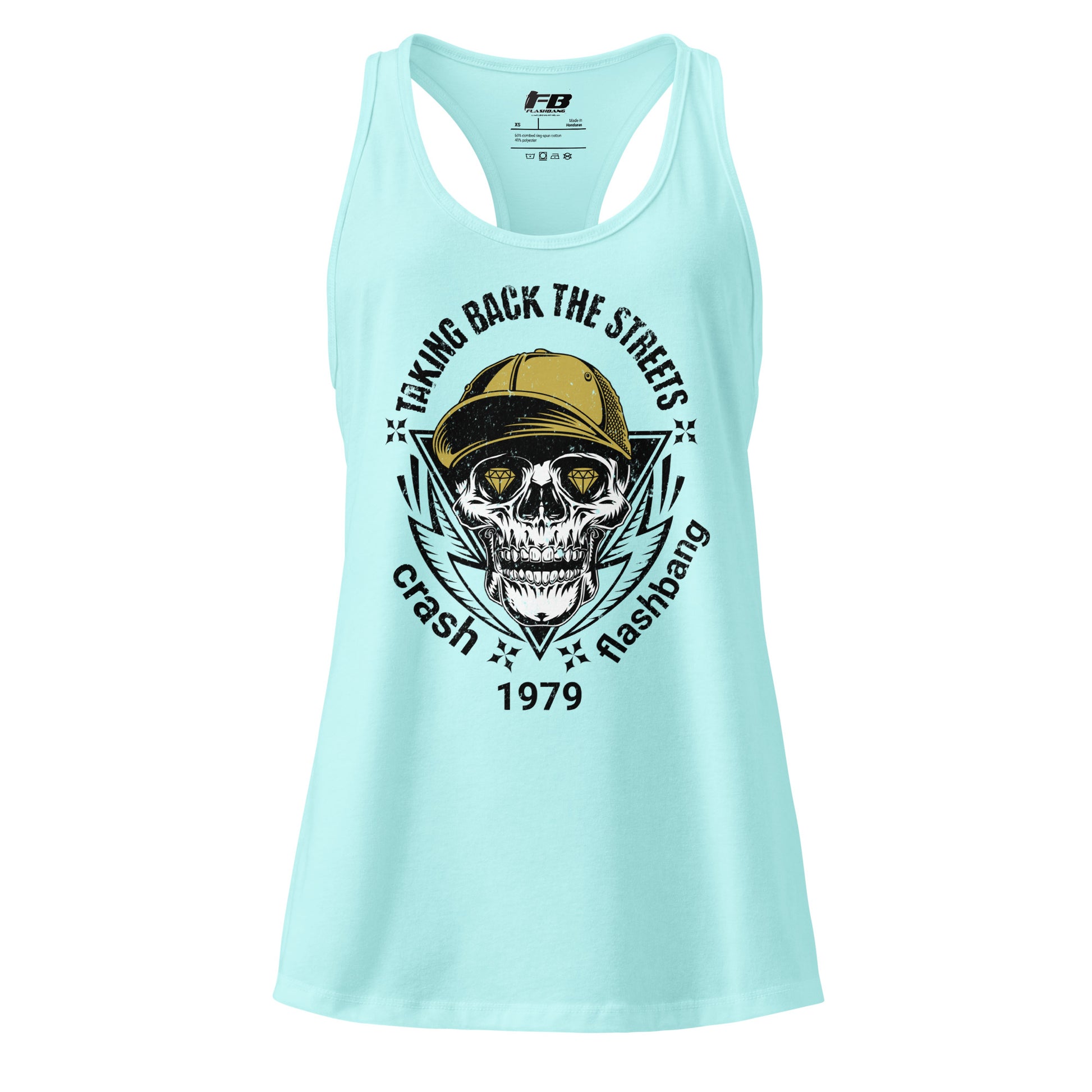 Light blue tank top with skull graphic and text on a white background