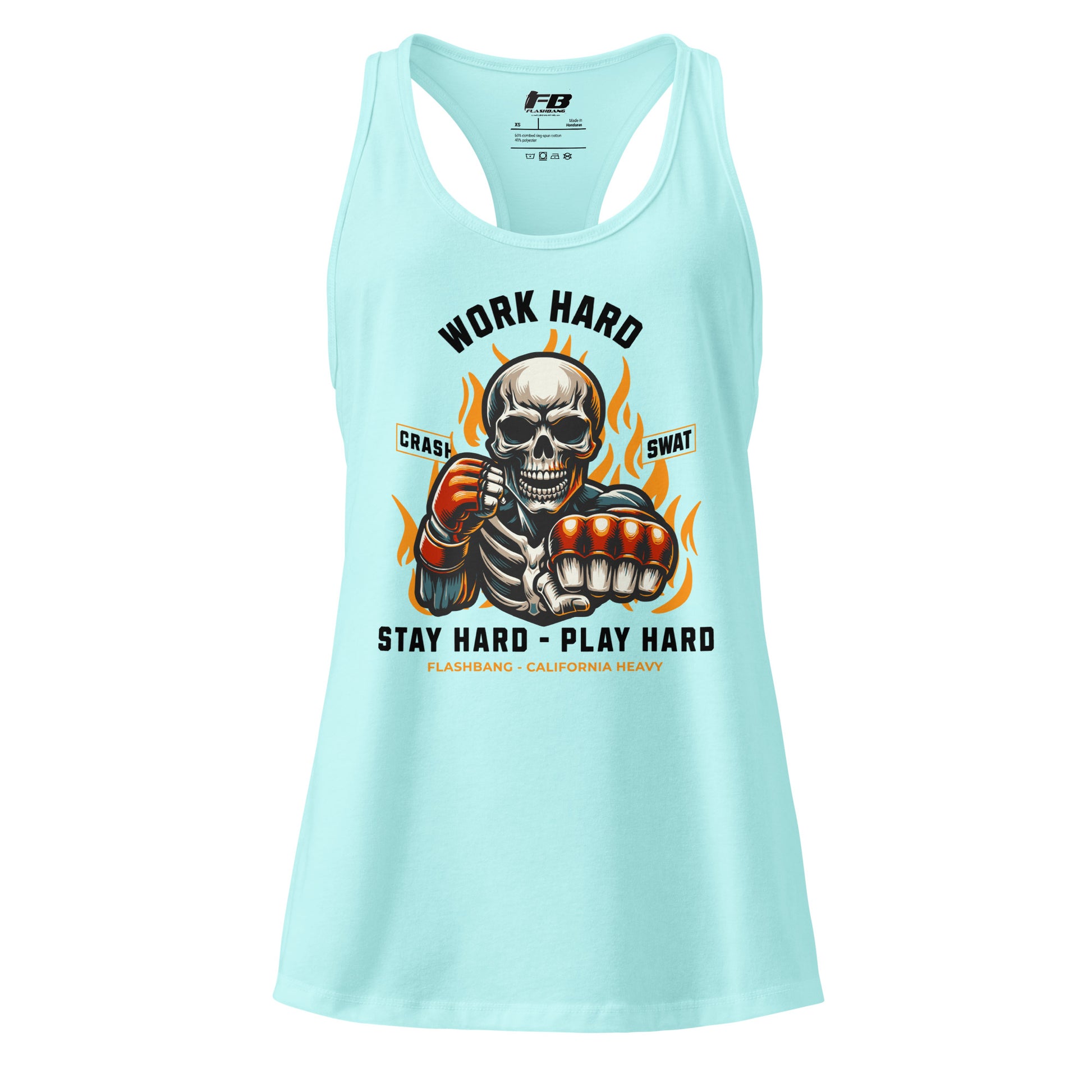 Light blue tank top with a graphic design featuring a skeleton and text on a white background