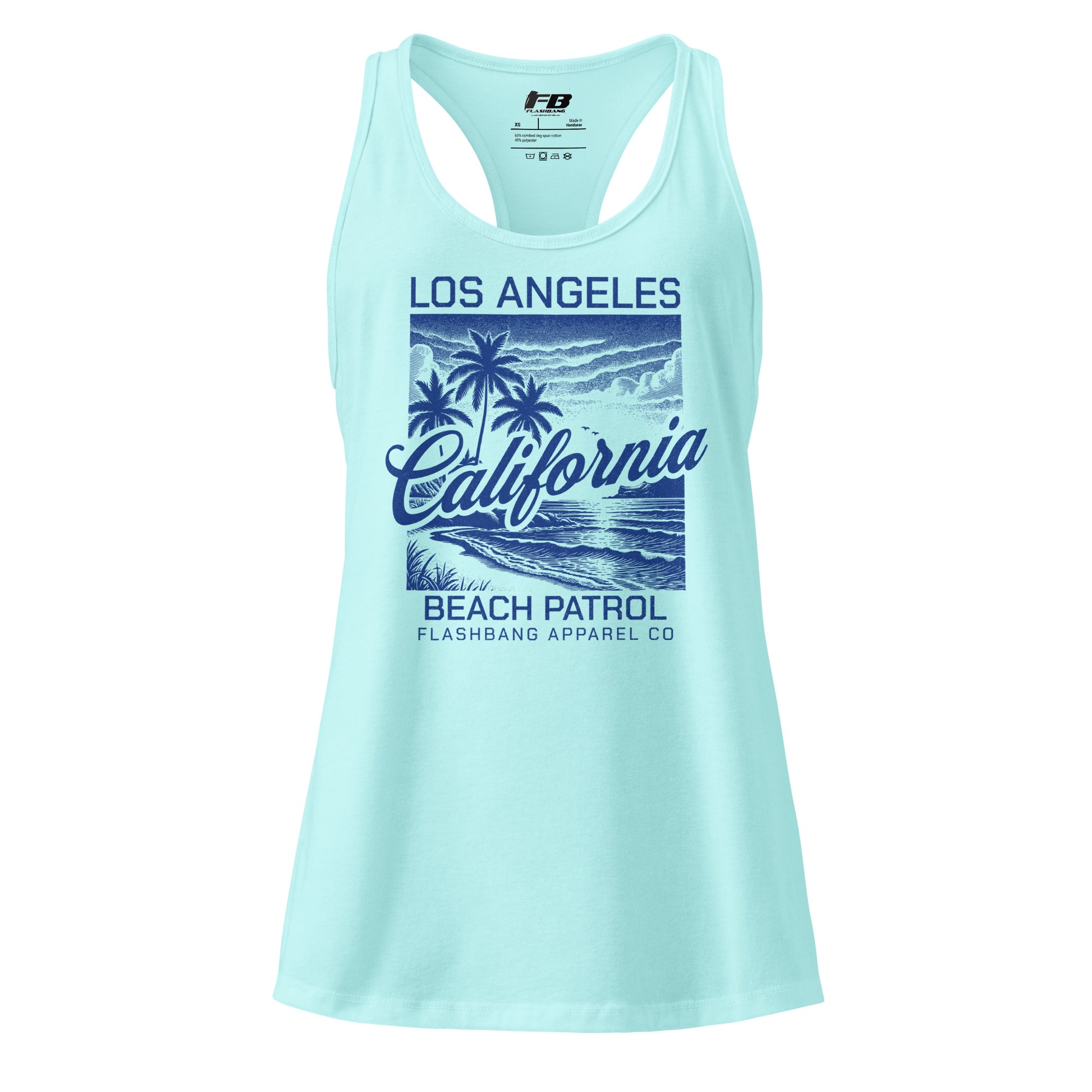 Light blue tank top with 'Los Angeles California Beach Patrol' design on a white background