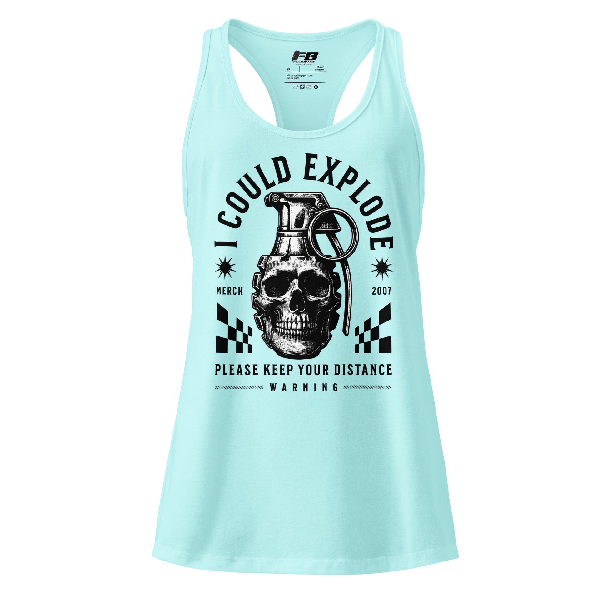 Light blue tank top with graphic design and text on a white background