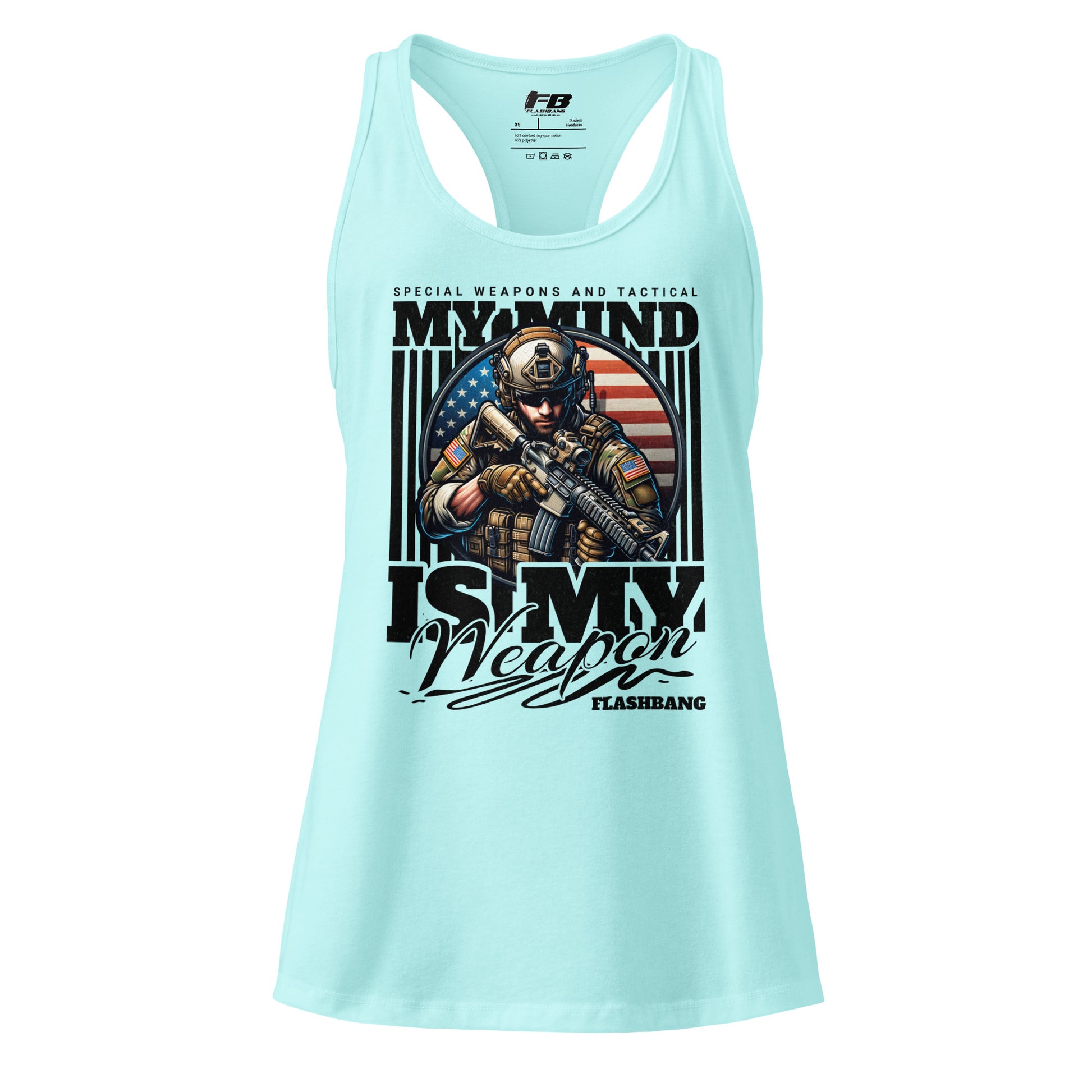 Light blue tank top with graphic design and text on a white background