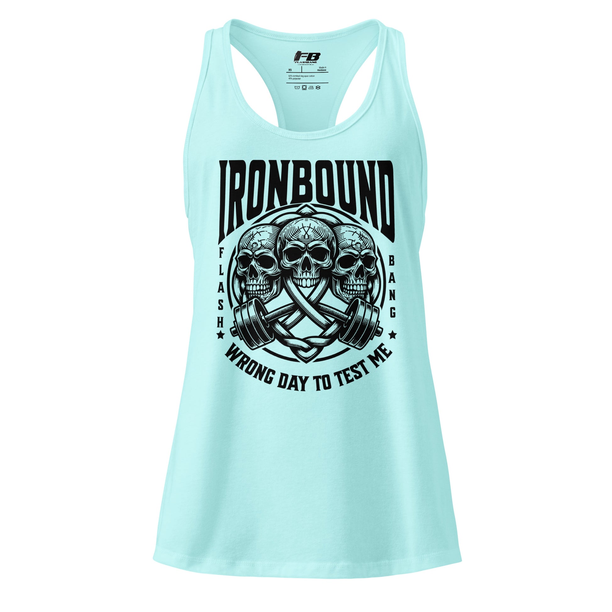Light blue tank top with 'Ironbound' graphic design on a white background