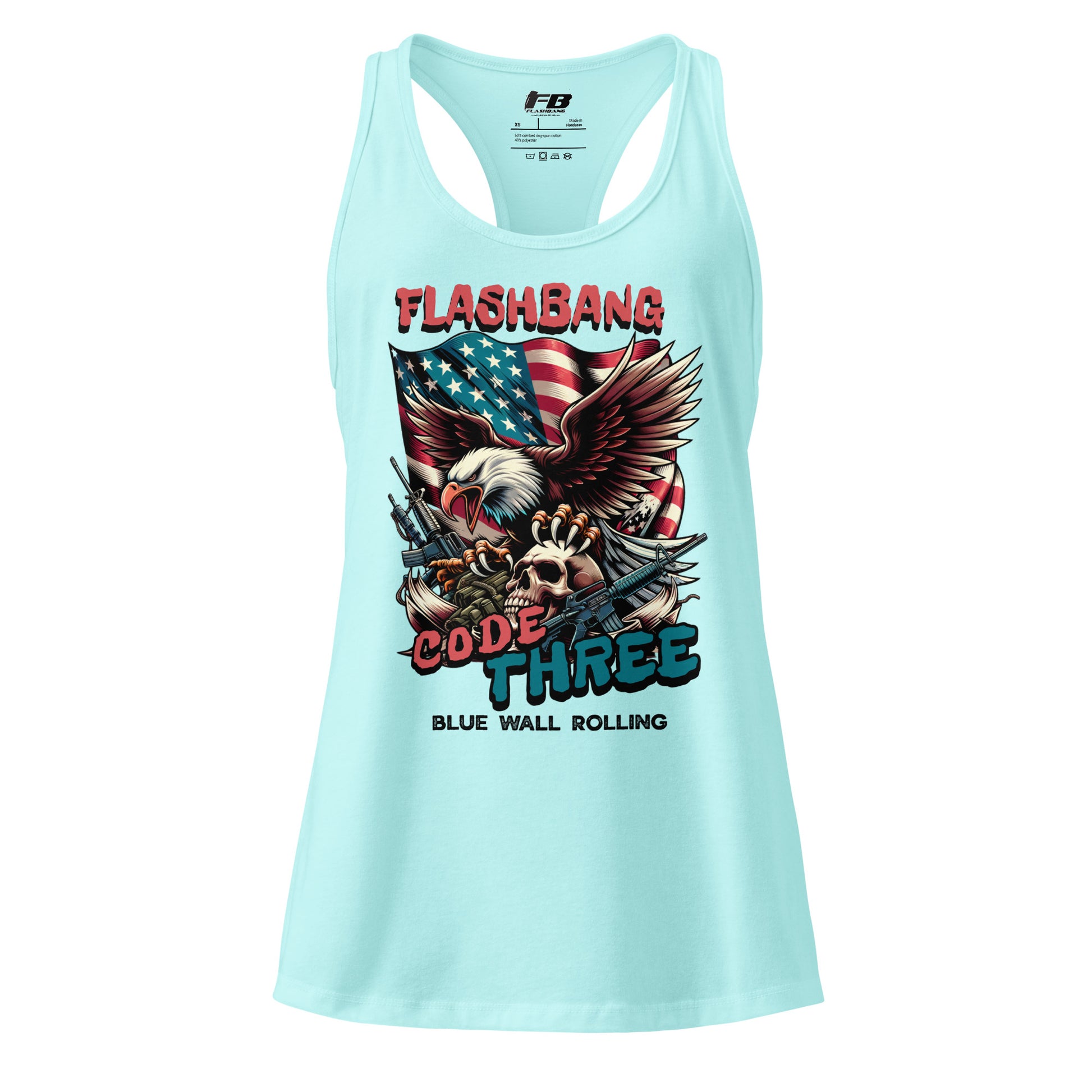 Light blue tank top with graphic design and text on a white background