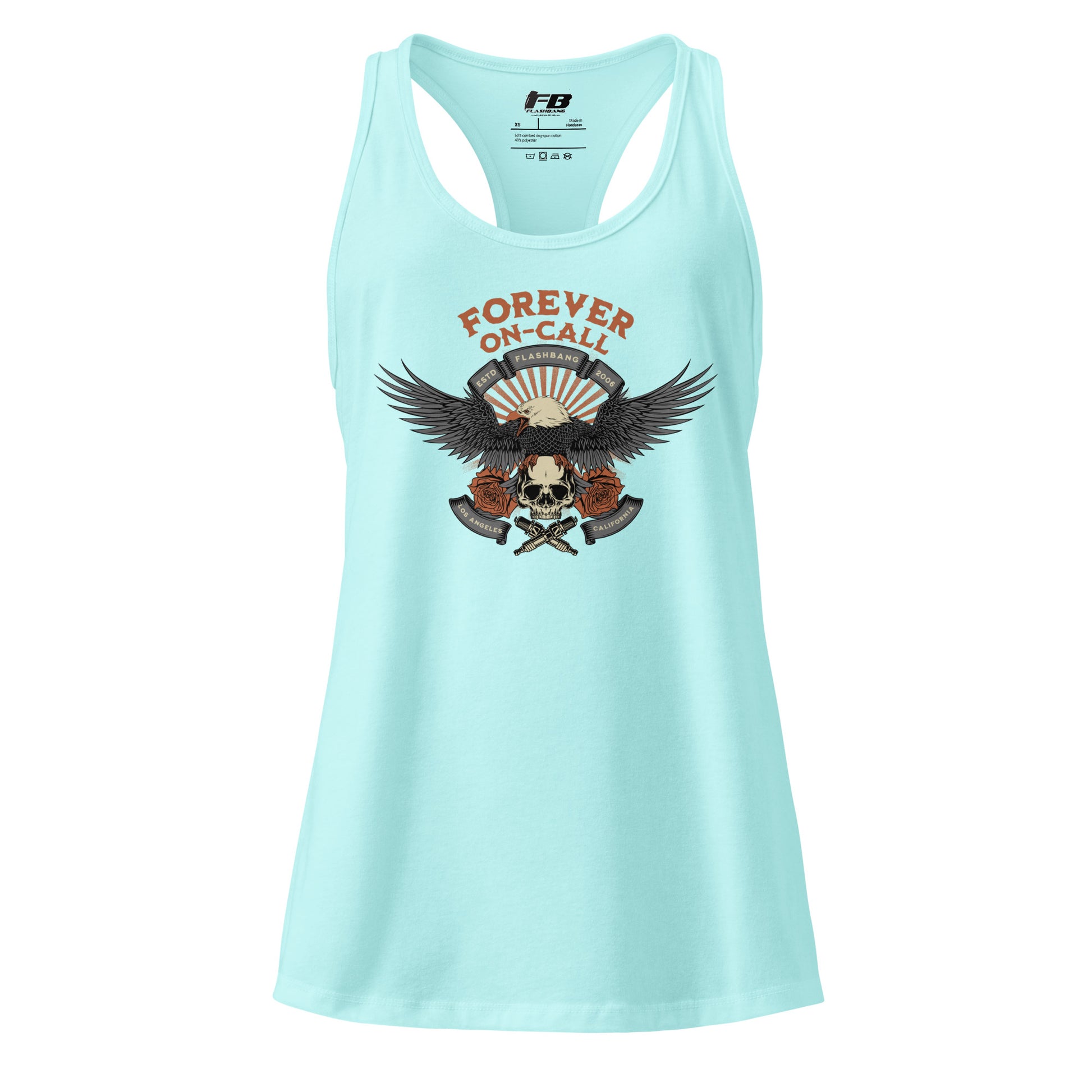 Light blue tank top with graphic design and text on a white background